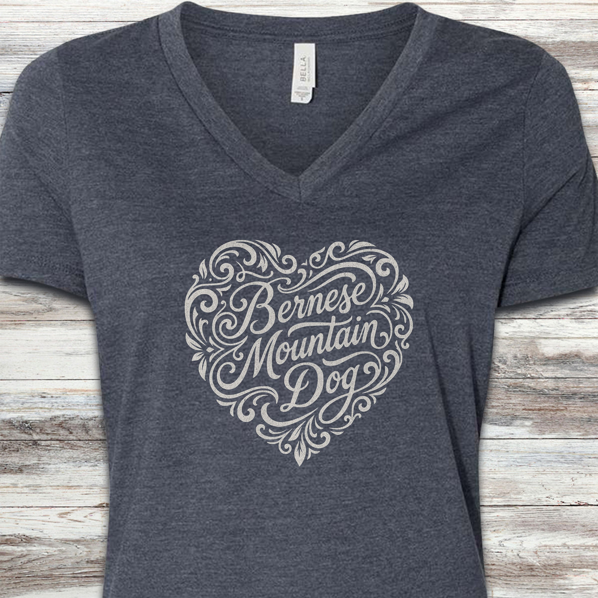 Bernese Mountain Dog Heart Script V-Neck Tee - Heather Navy