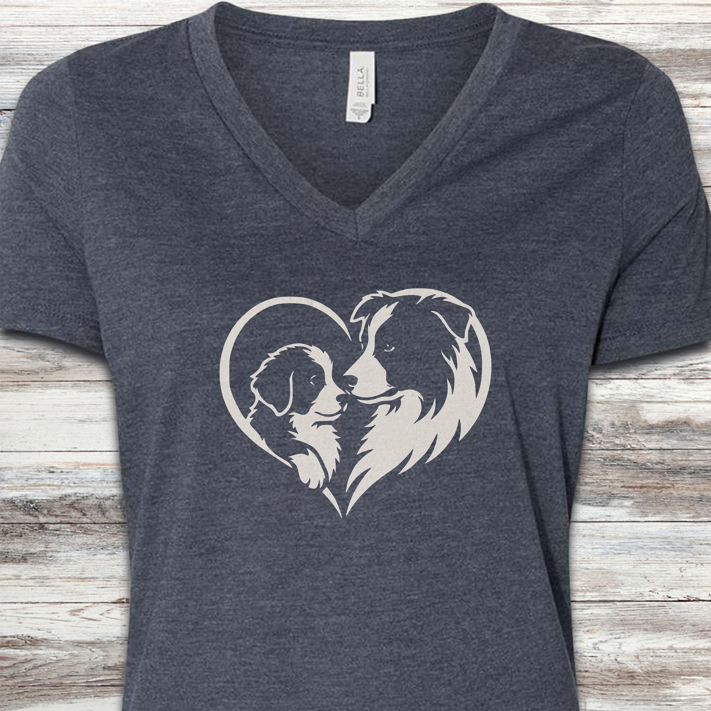Border Collie Heart Bond V-Neck Tee - Heather Navy