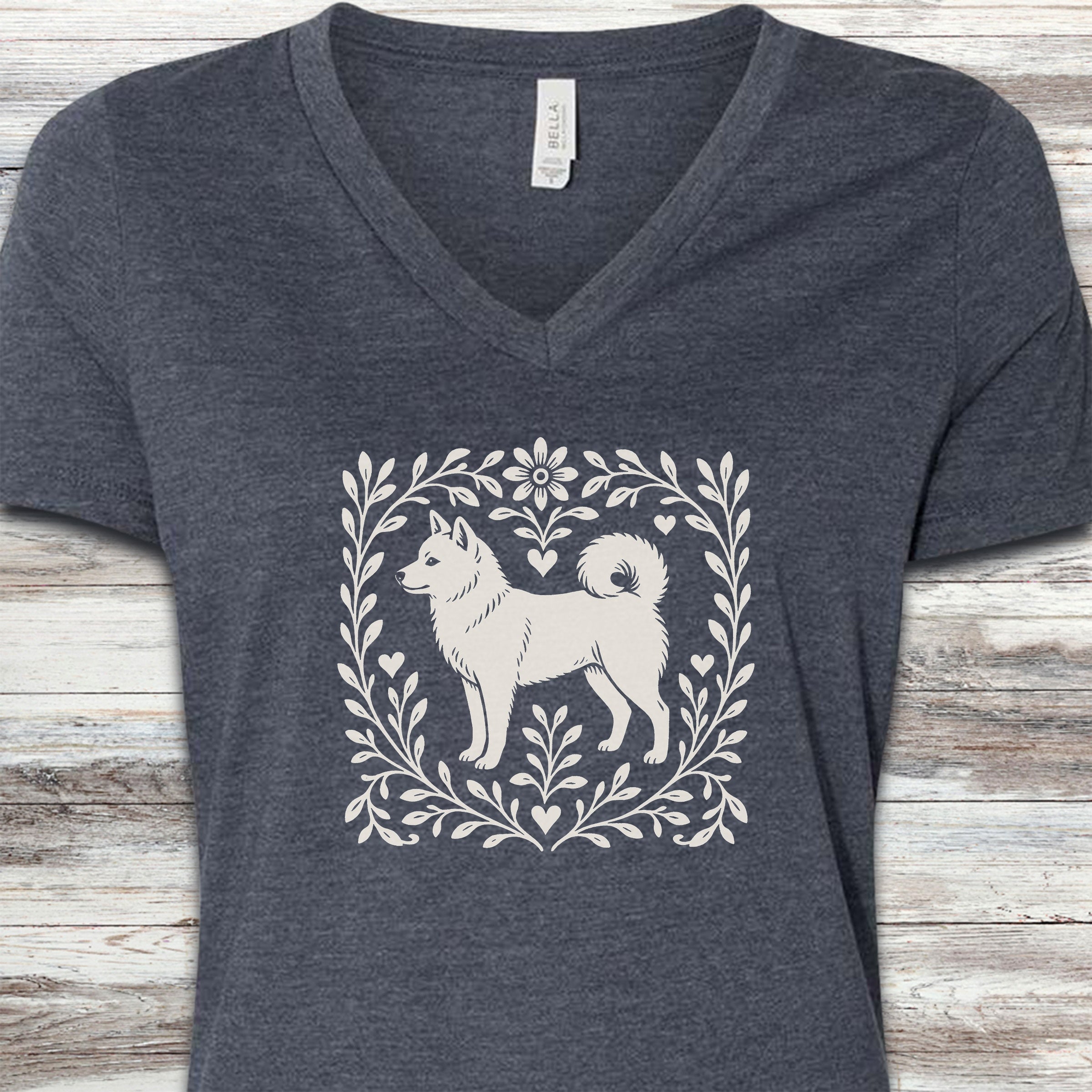 Shiba Inu Linocut V-Neck Tee - Heather Navy