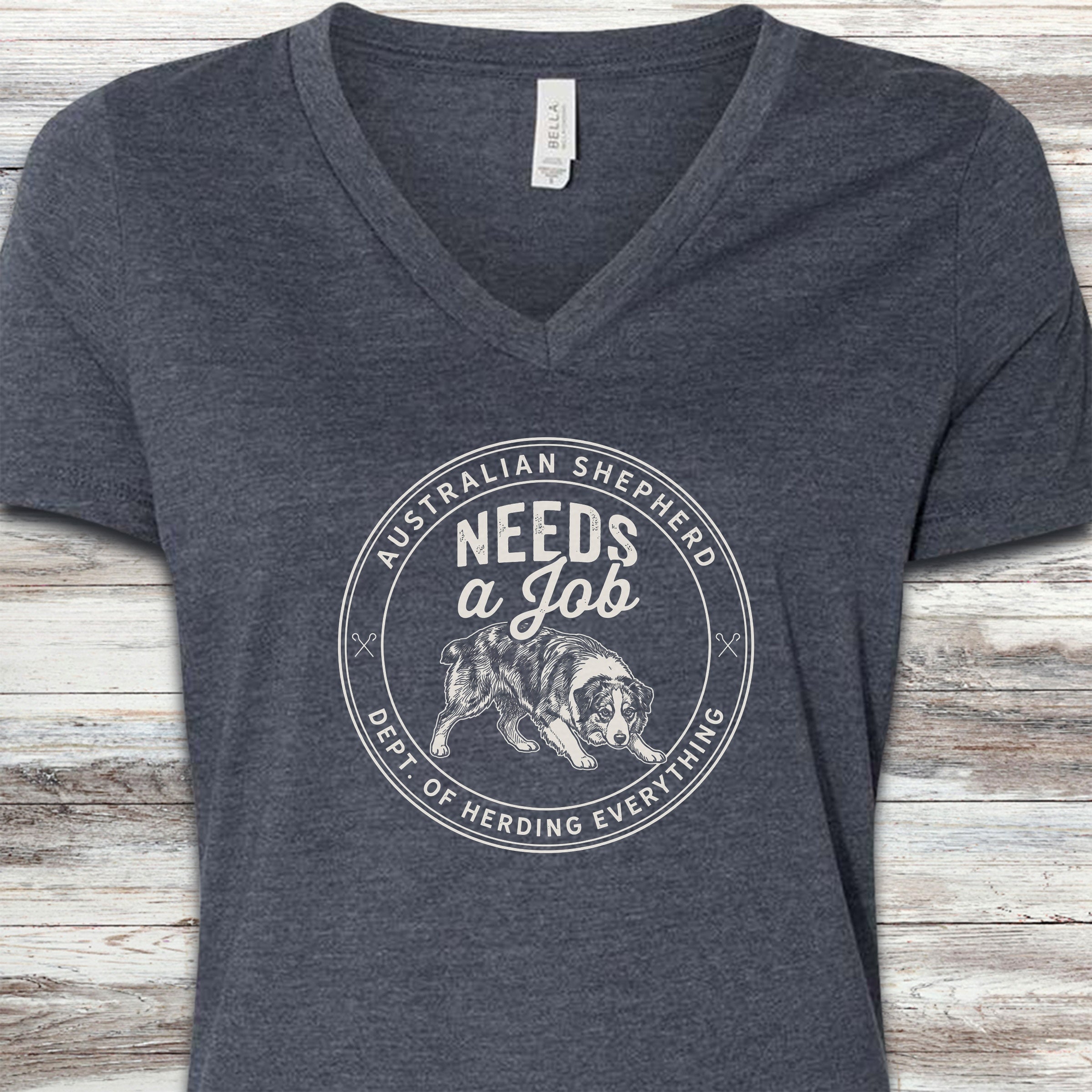 Australian Shepherd Needs Job V-Neck Tee - Heather Navy