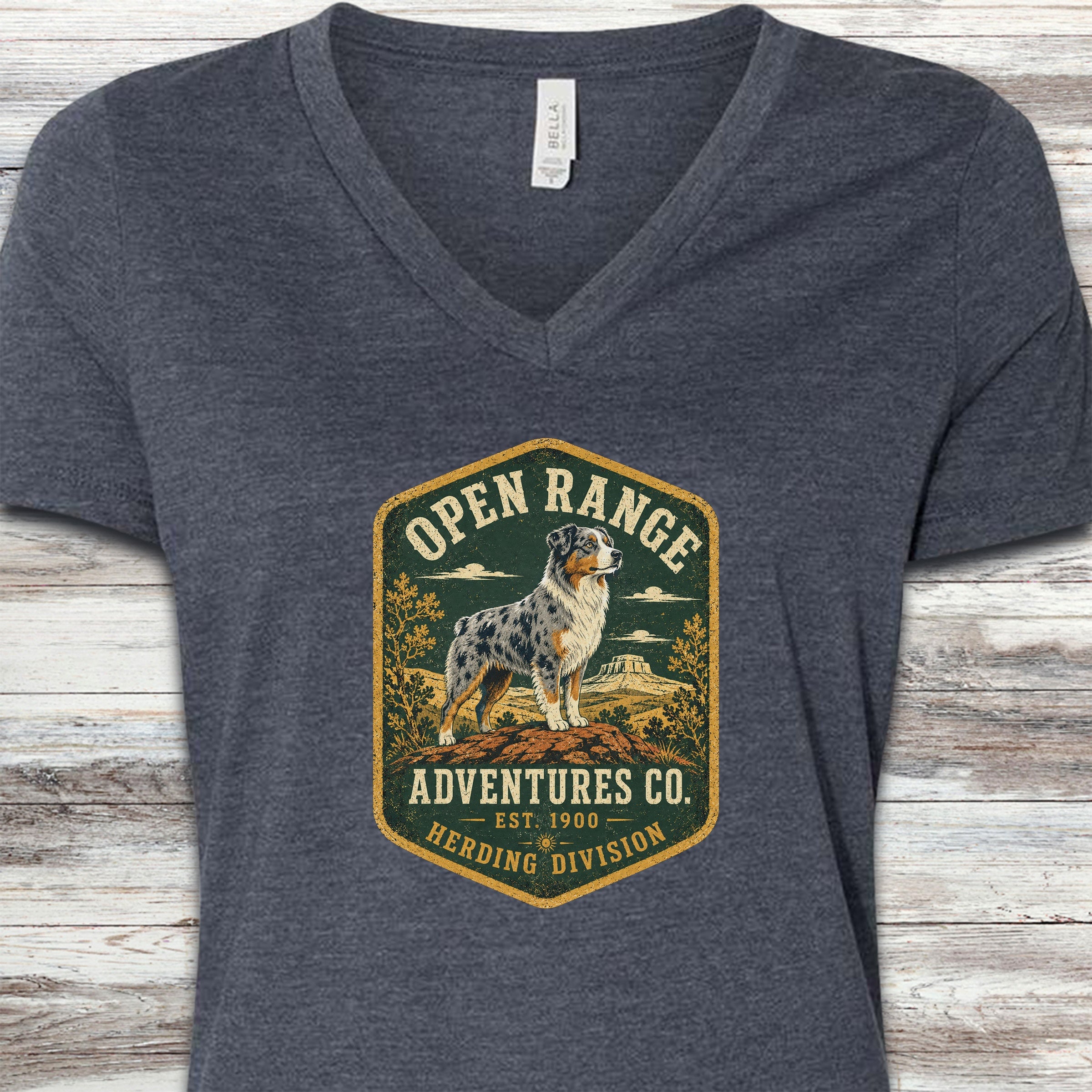 Australian Shepherd Adventures V-Neck Tee - Heather Navy