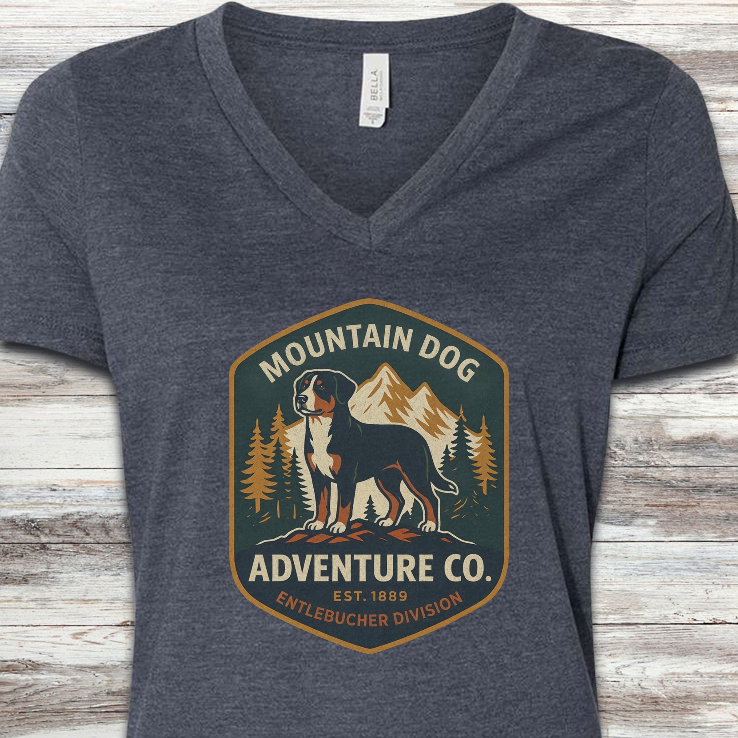 Entlebucher Mountain Dog Adventure Co V-Neck Tee - Heather Navy