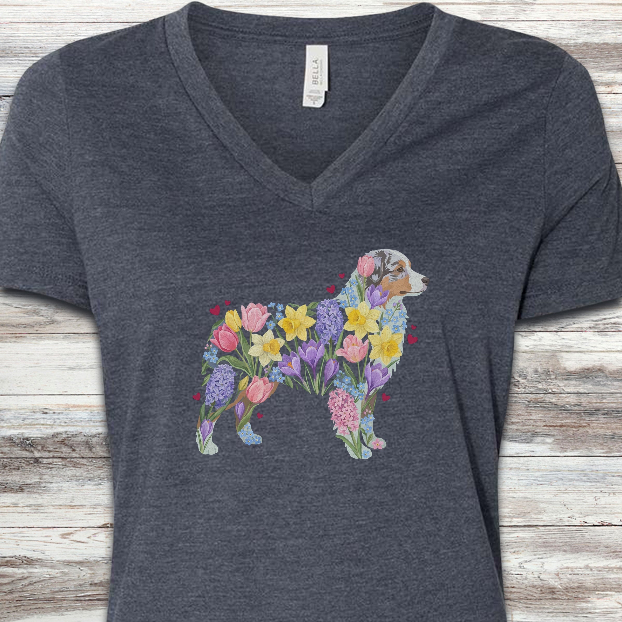 Australian Shepherd Spring Floral Silhouette V-Neck Tee - Heather Navy