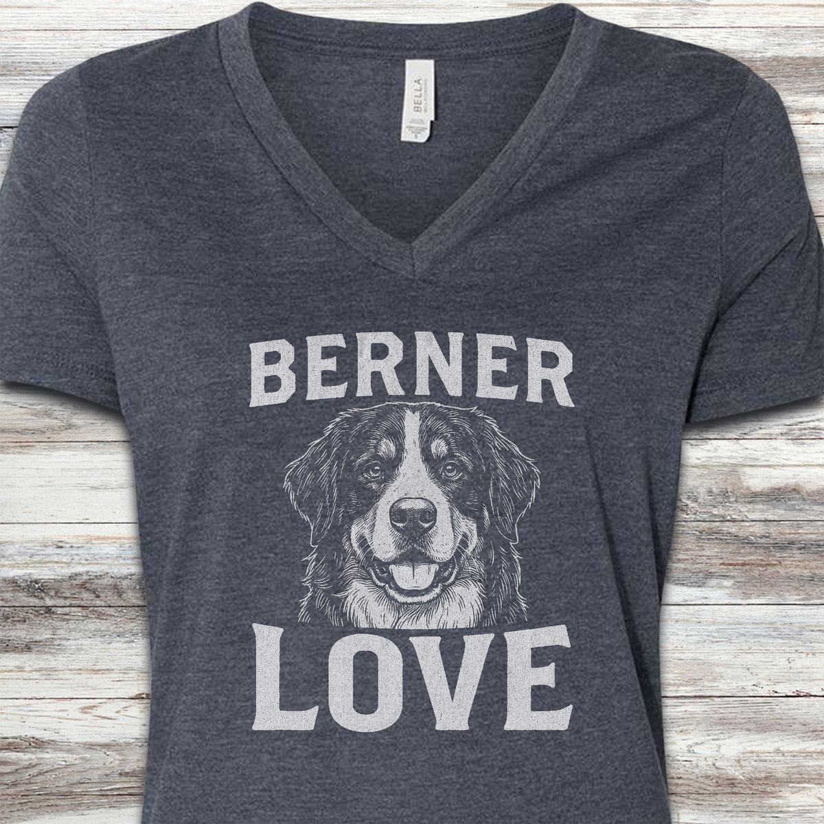 Bernese Mountain Dog Love Portrait V-Neck Tee - Heather Navy