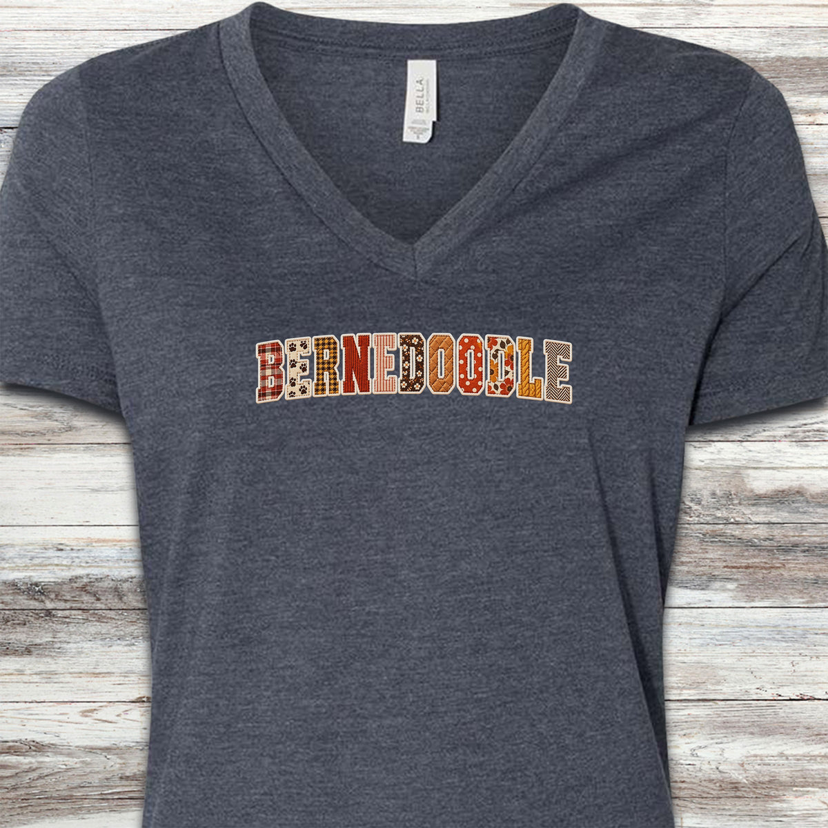 Bernedoodle Fall Faux Patchwork V-Neck Tee - Heather Navy