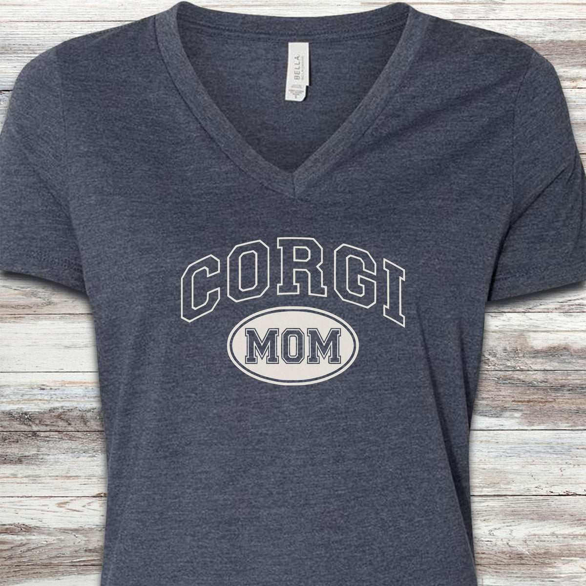 Corgi University Mom V-Neck Tee - Heather Navy