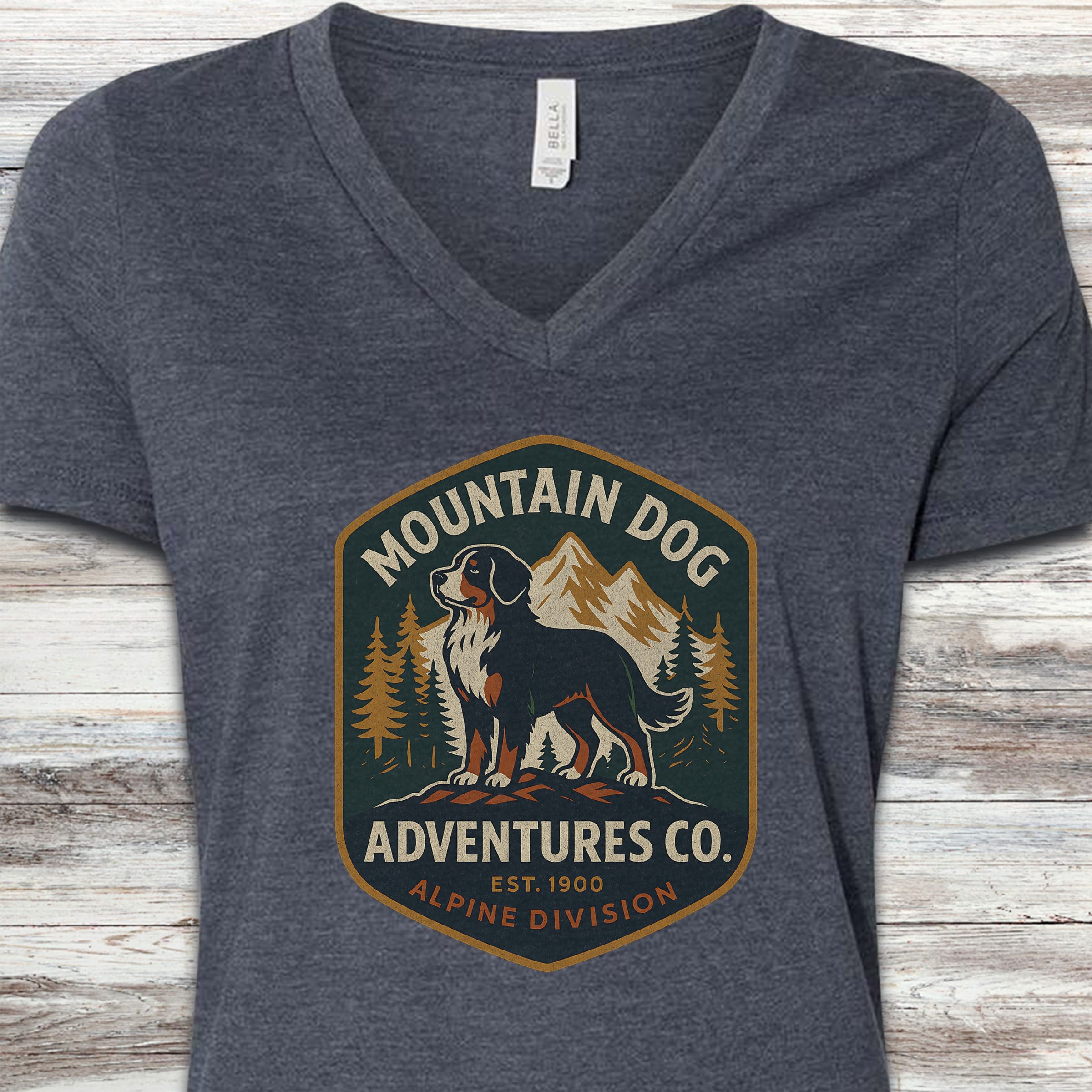 Bernese Mountain Dog Adventures V-Neck Tee - Heather Navy