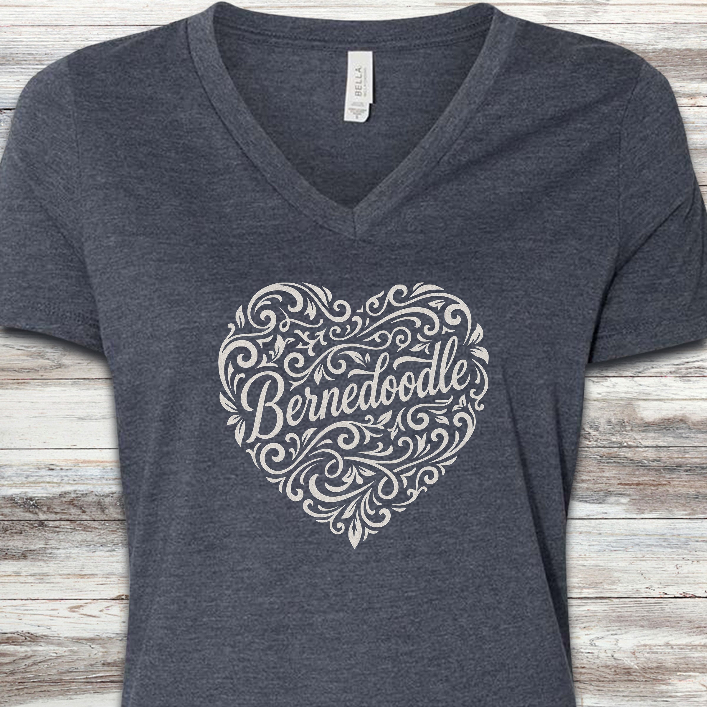 Bernedoodle Heart Script V-Neck Tee - Heather Navy