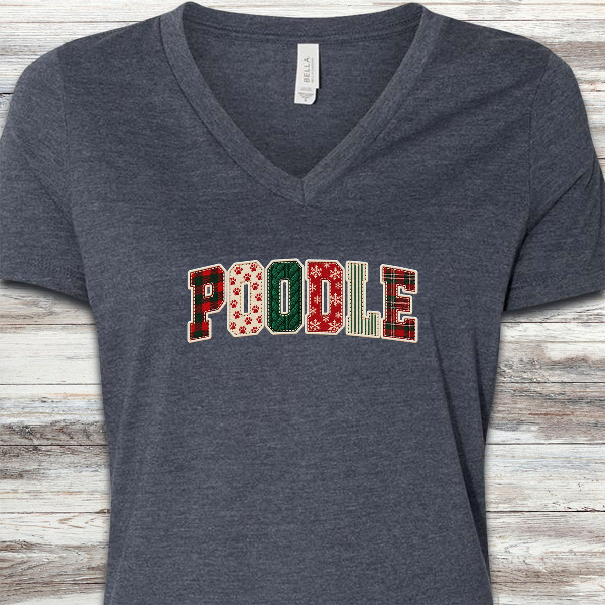 Poodle Holiday Faux Patchwork V-Neck Tee - Heather Navy