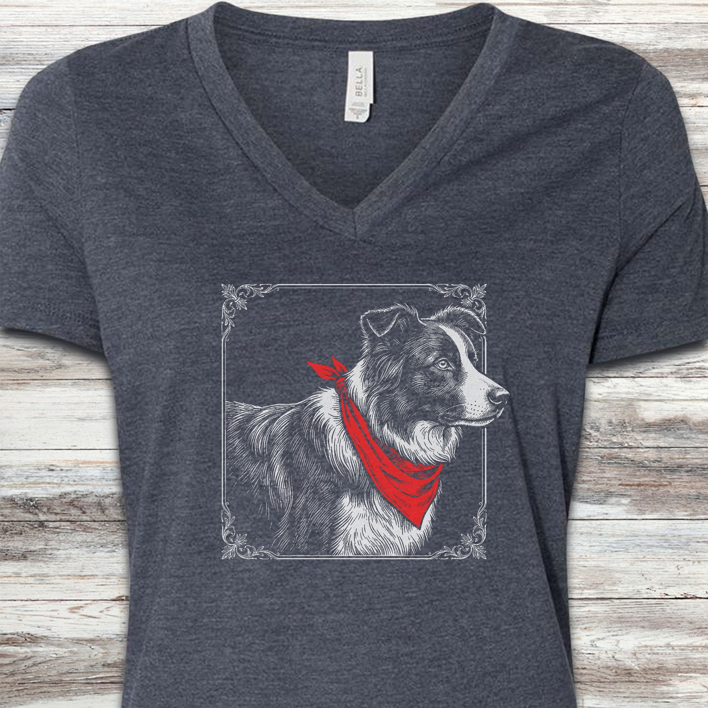 Border Collie Etching V-Neck Tee - Heather Navy