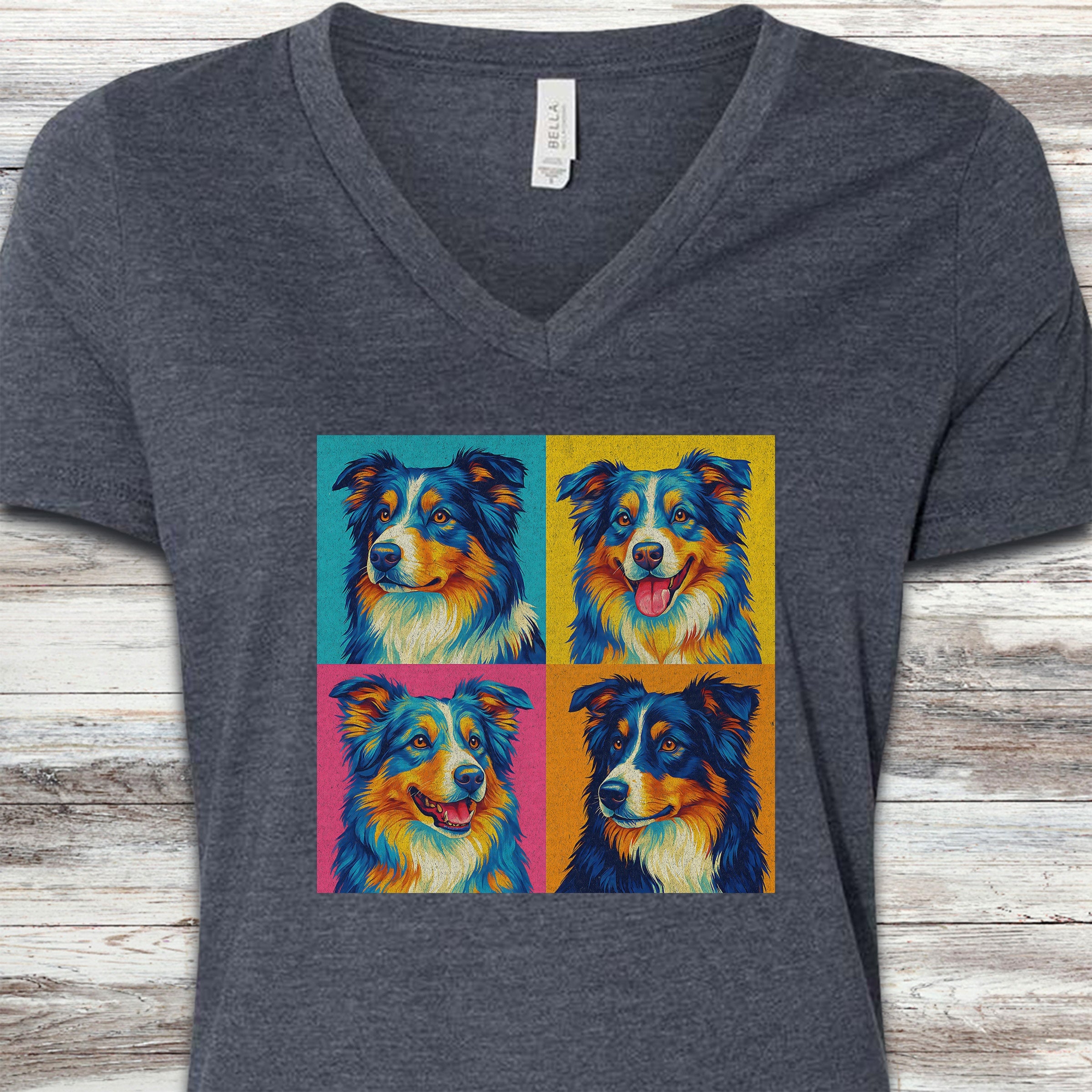 Australian Shepherd Pop Art V-Neck Tee - Heather Navy
