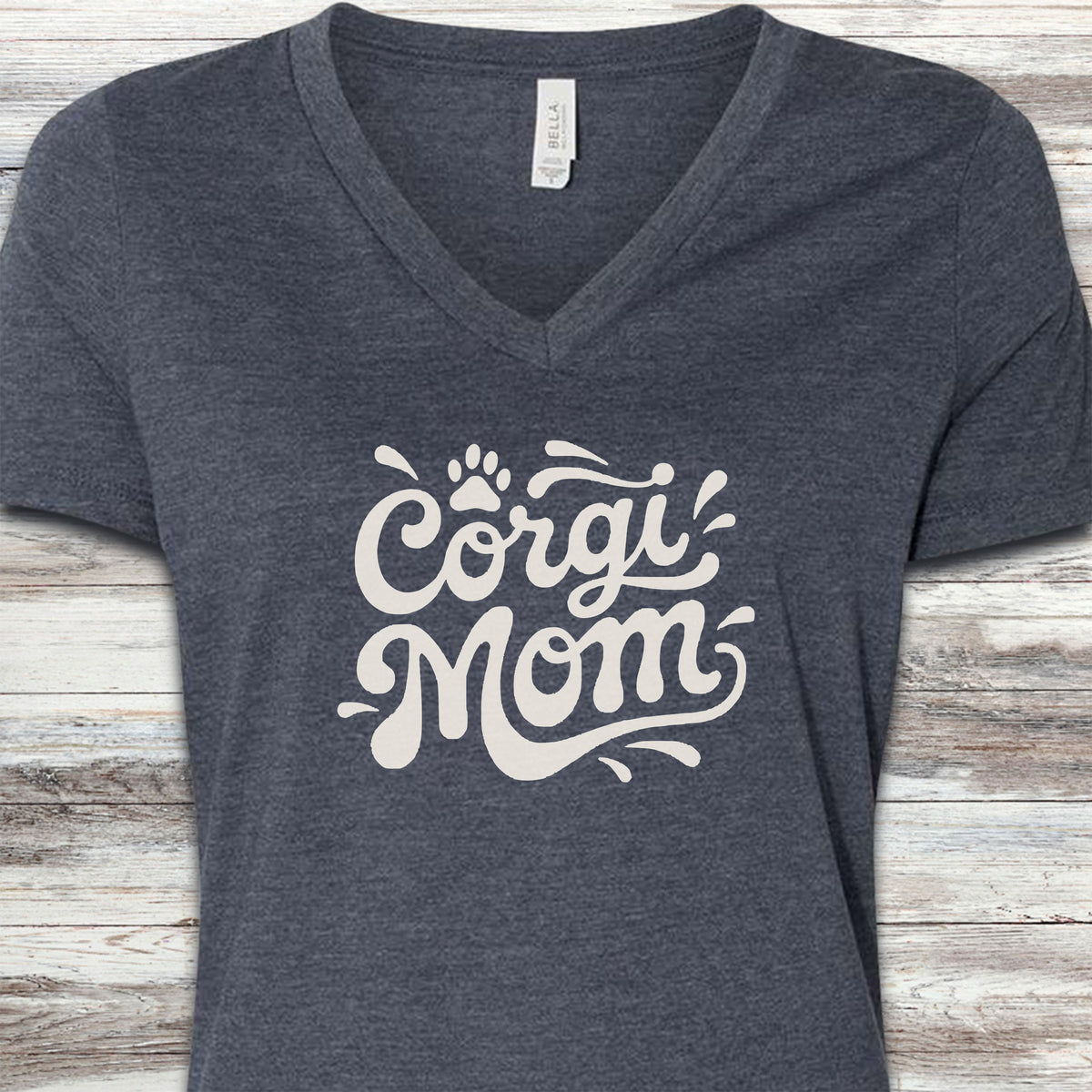 Corgi Groovy Mom V-Neck Tee - Heather Navy