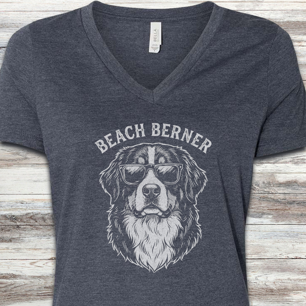 Bernese Mountain Dog Beach Berner V-Neck Tee - Heather Navy