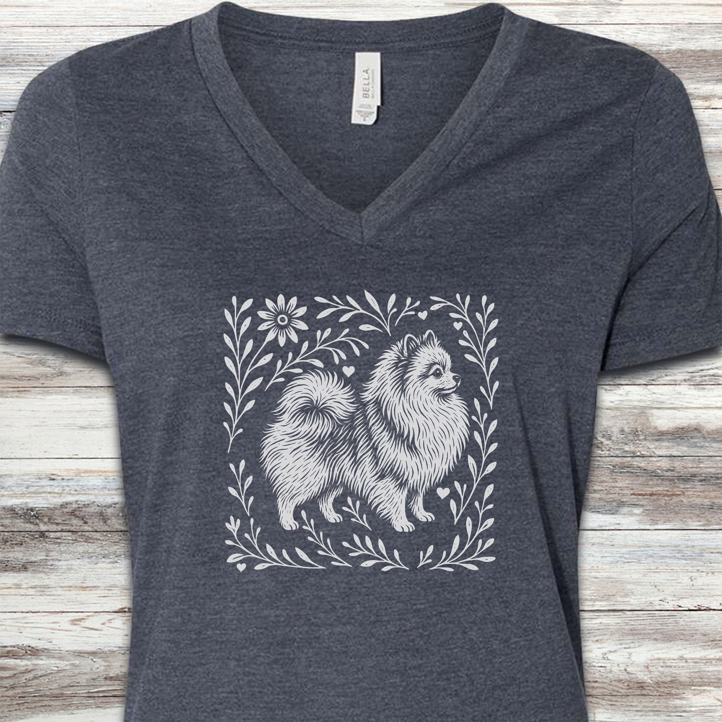 Pomeranian Linocut V-Neck Tee - Heather Navy