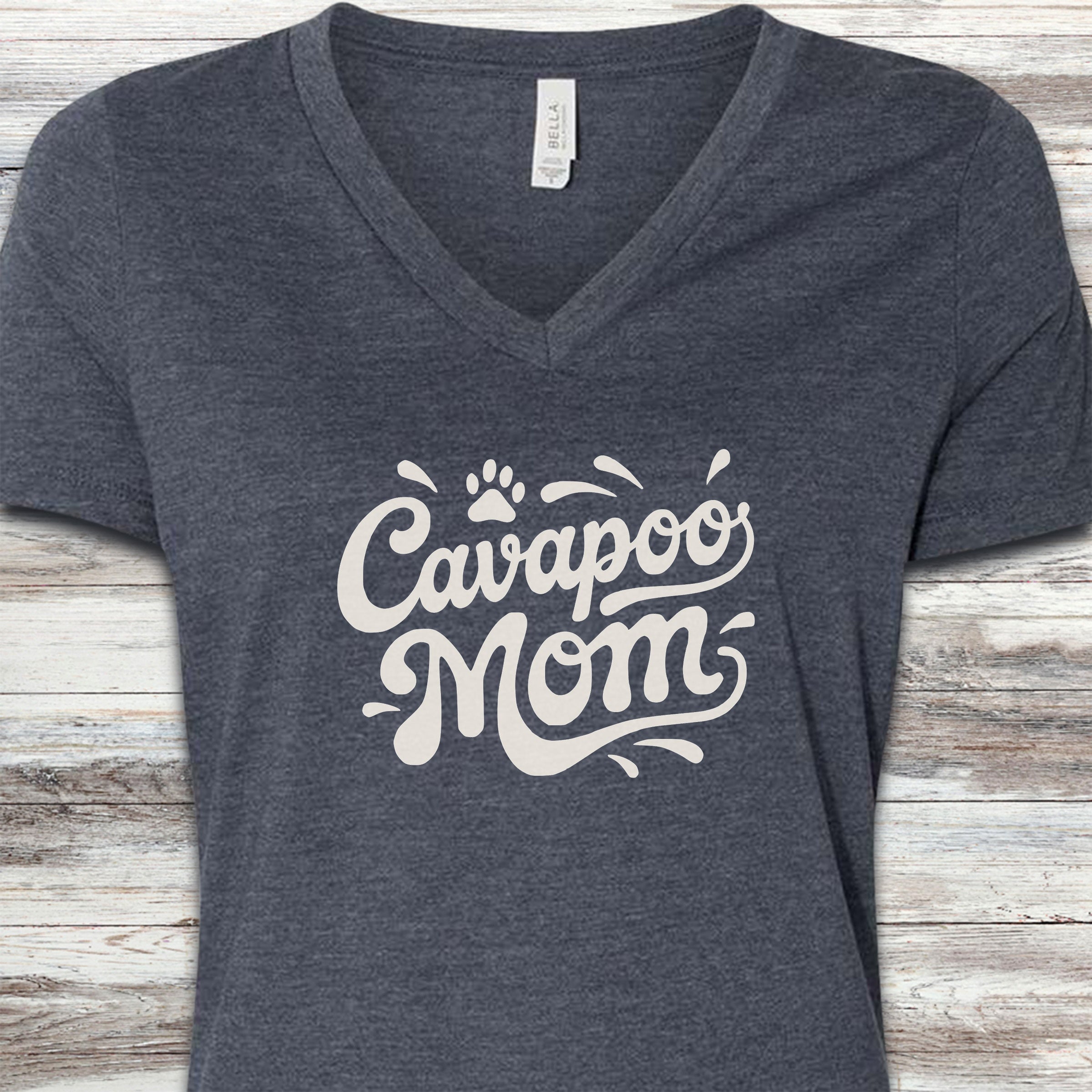 Cavapoo Groovy Mom V-Neck Tee - Heather Navy