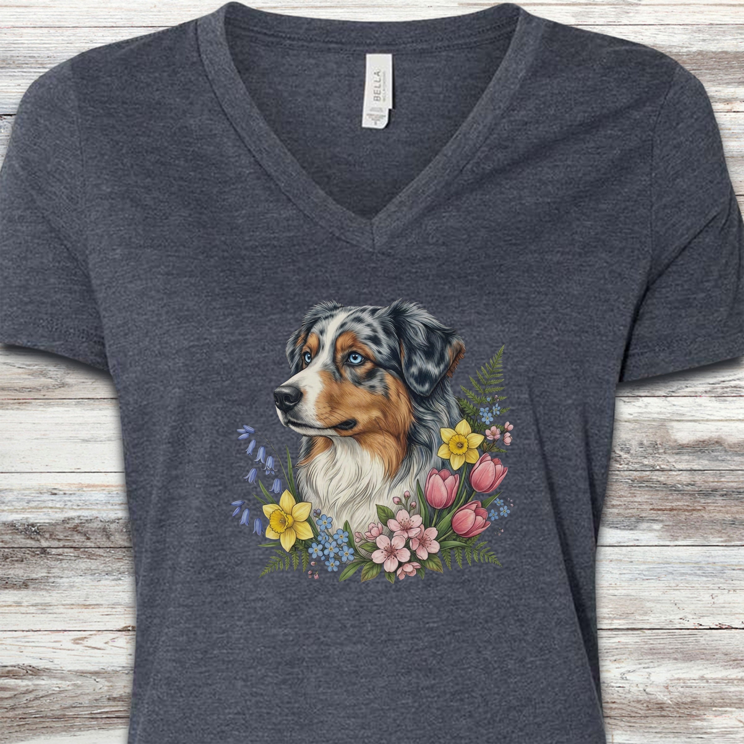 Australian Shepherd Merle Blue Eyes Portrait V-Neck Tee - Heather Navy