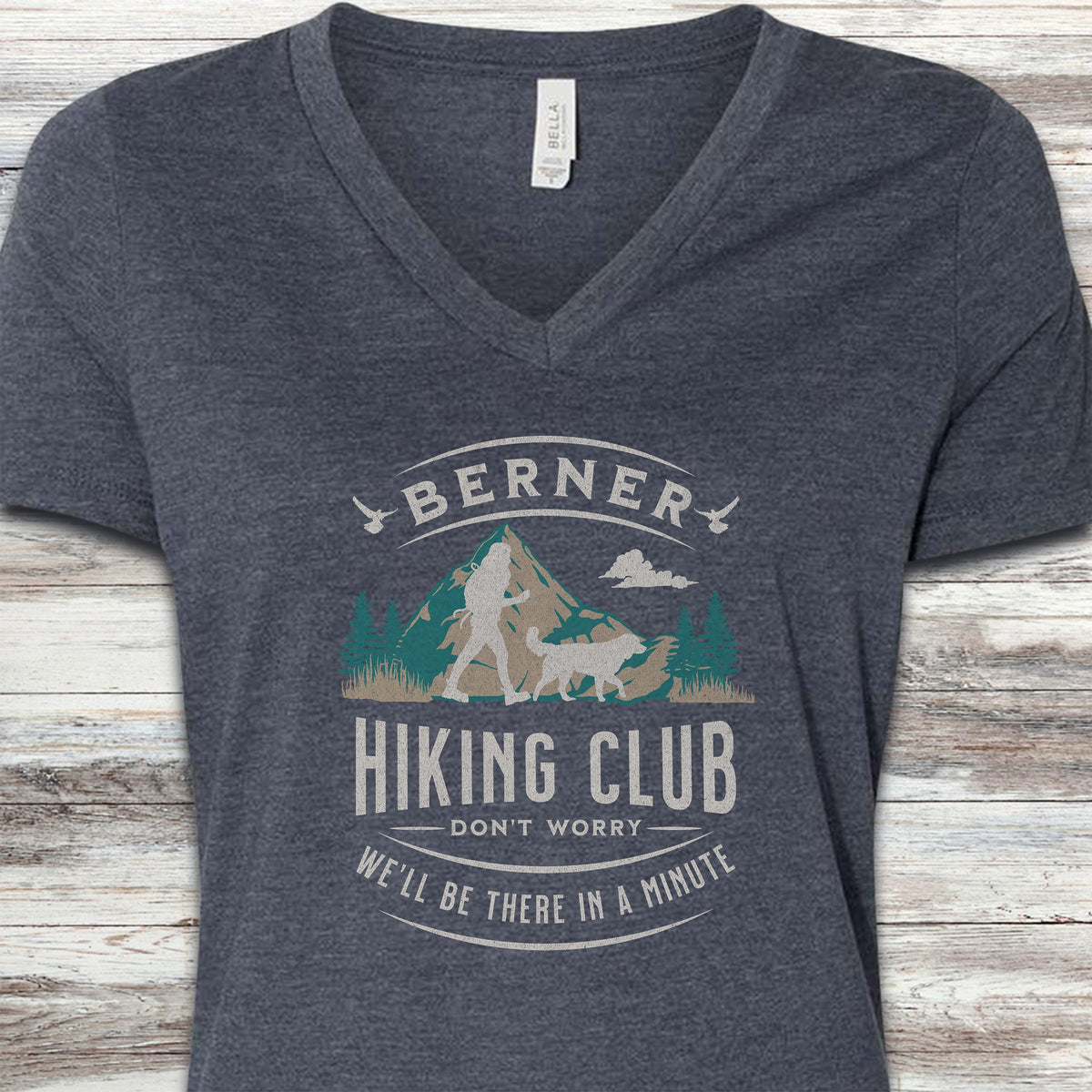 Bernese Mountain Dog Hiking Club V-Neck Tee - Heather Navy
