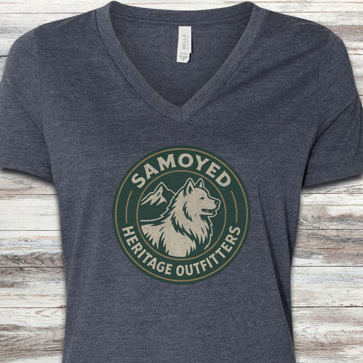 Samoyed Heritage Outfitters V-Neck Tee - Heather Navy