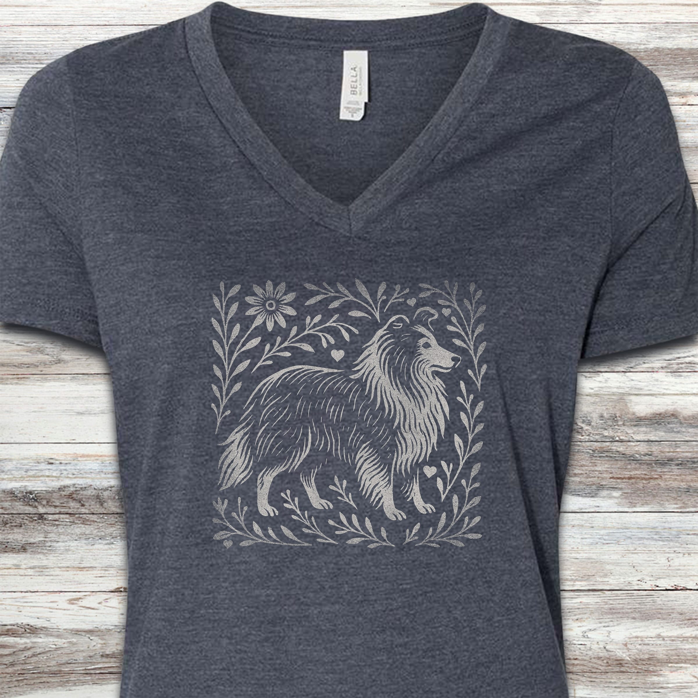 Shetland Sheepdog Linocut V-Neck Tee - Heather Navy