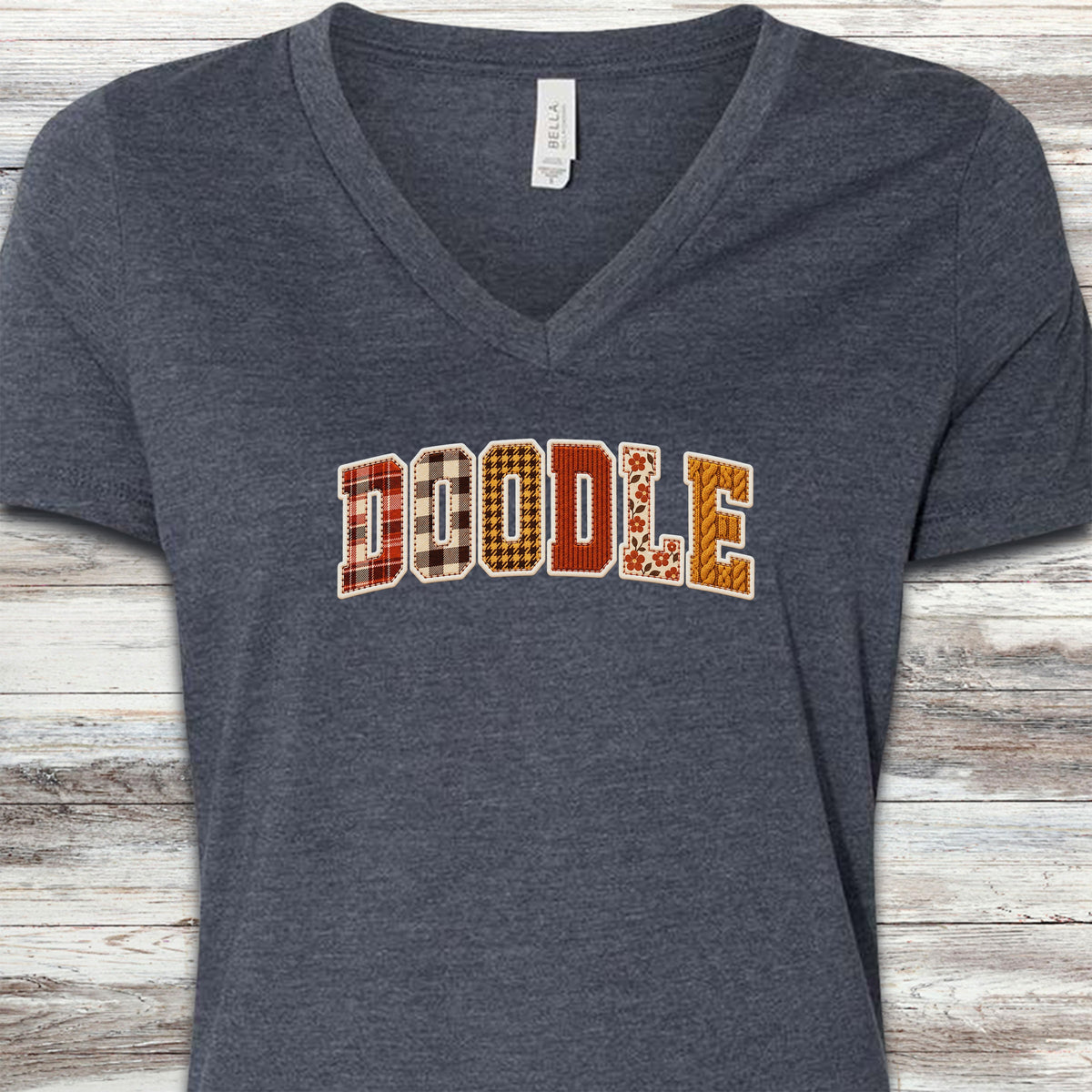 Doodle Fall Faux Patchwork V-Neck Tee - Heather Navy