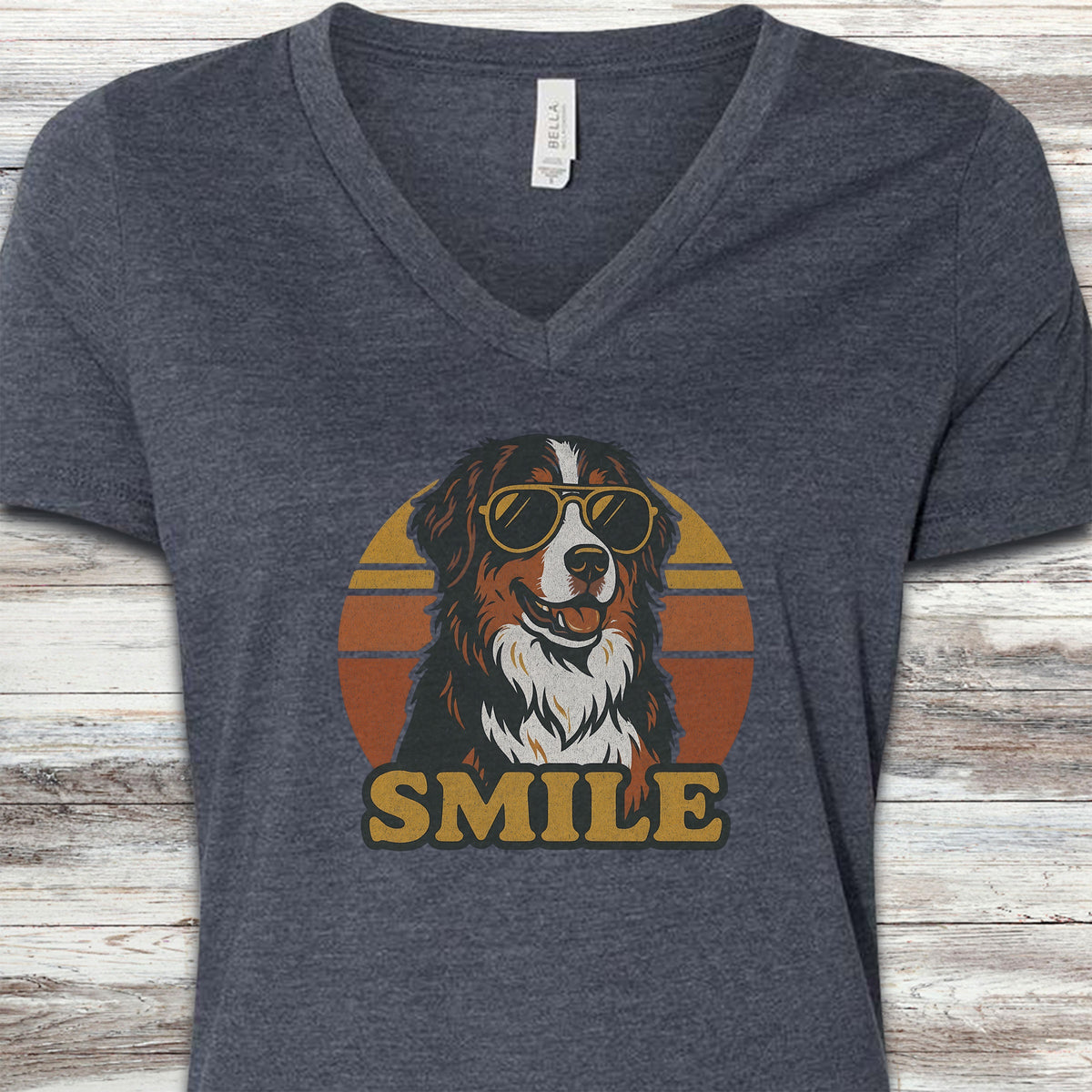 Bernese Mountain Dog Smile V-Neck Tee - Heather Navy