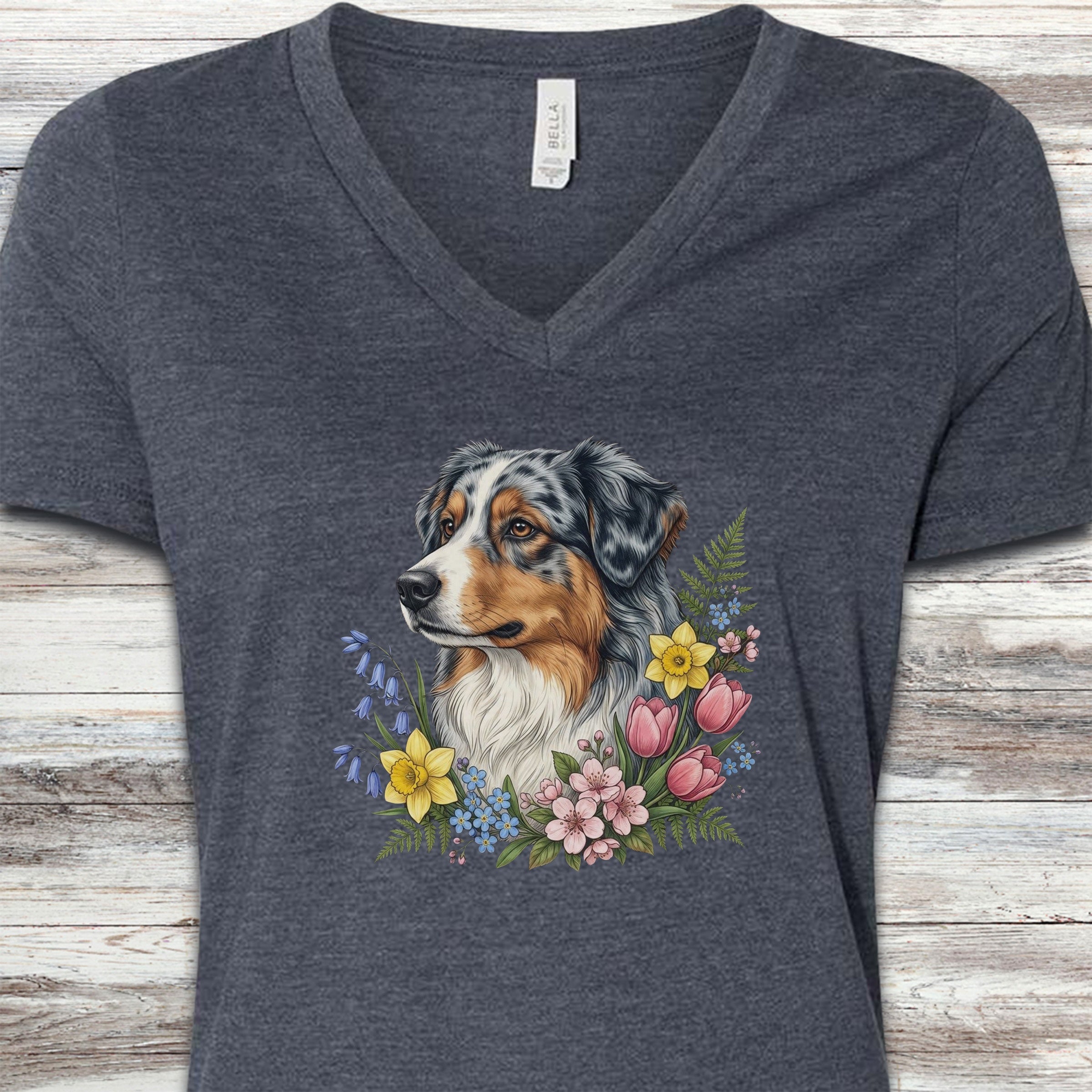 Australian Shepherd Spring Portrait V-Neck Tee - Heather Navy