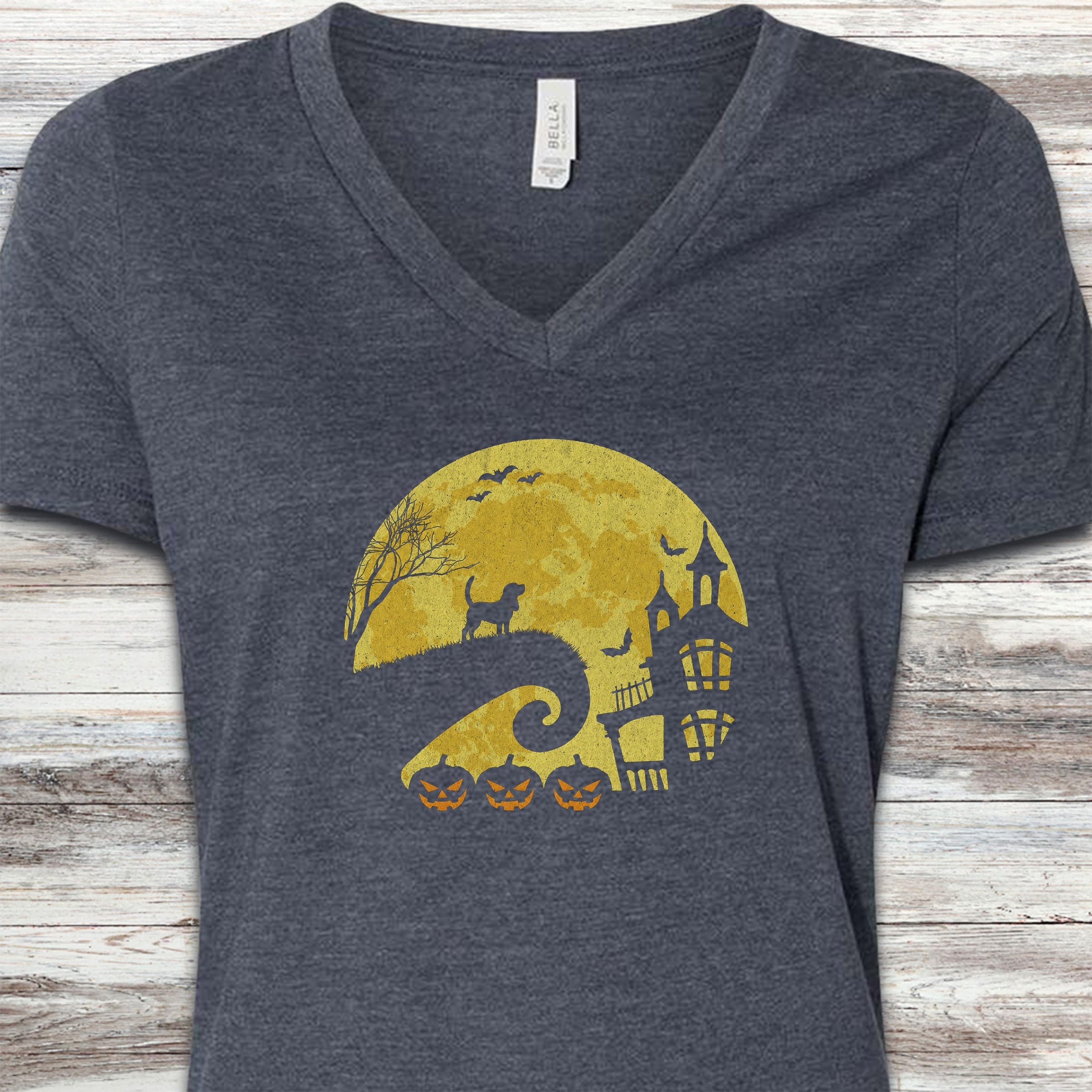 Beagle Halloween Moon V-Neck Tee - Heather Navy