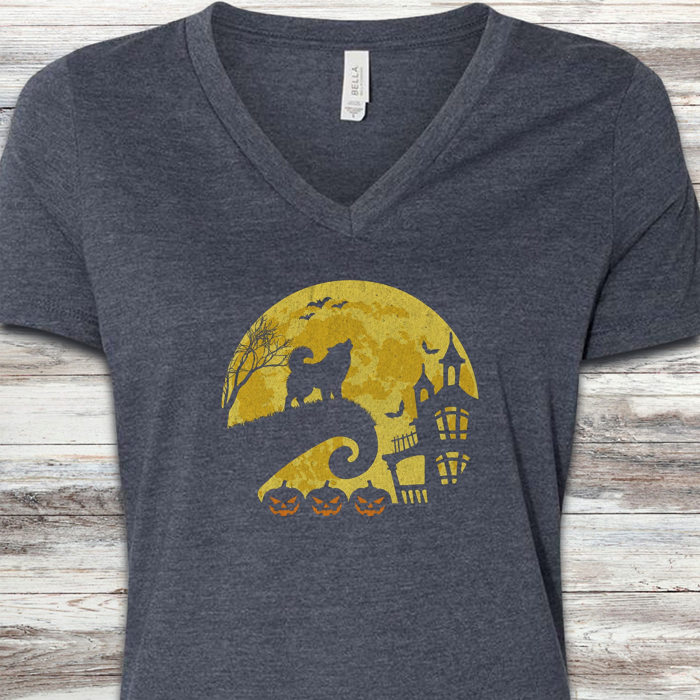 Alaskan Malamute Halloween Moon V-Neck Tee - Heather Navy