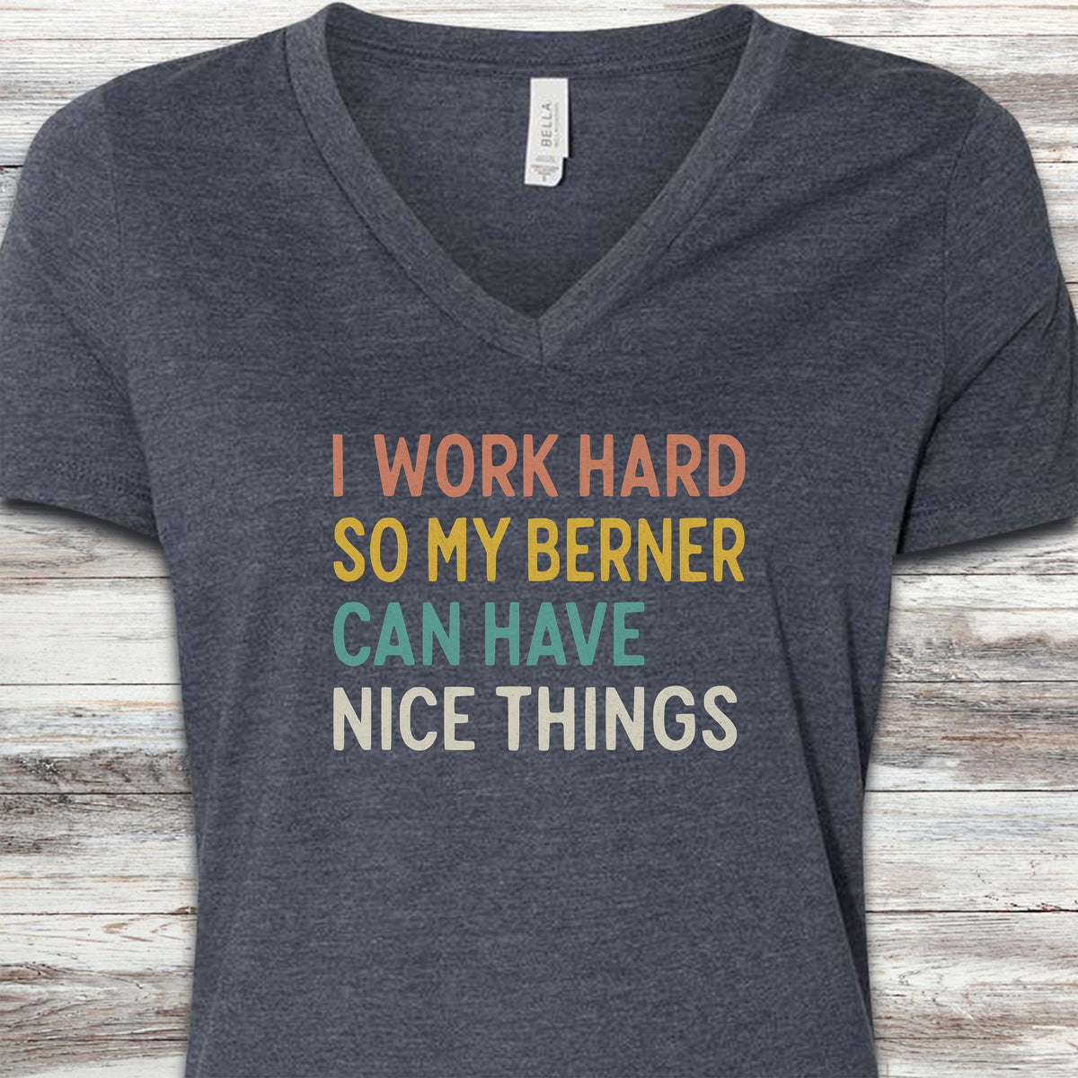 I Work Hard Bernese Mountain Dog V-Neck Tee - Heather Navy