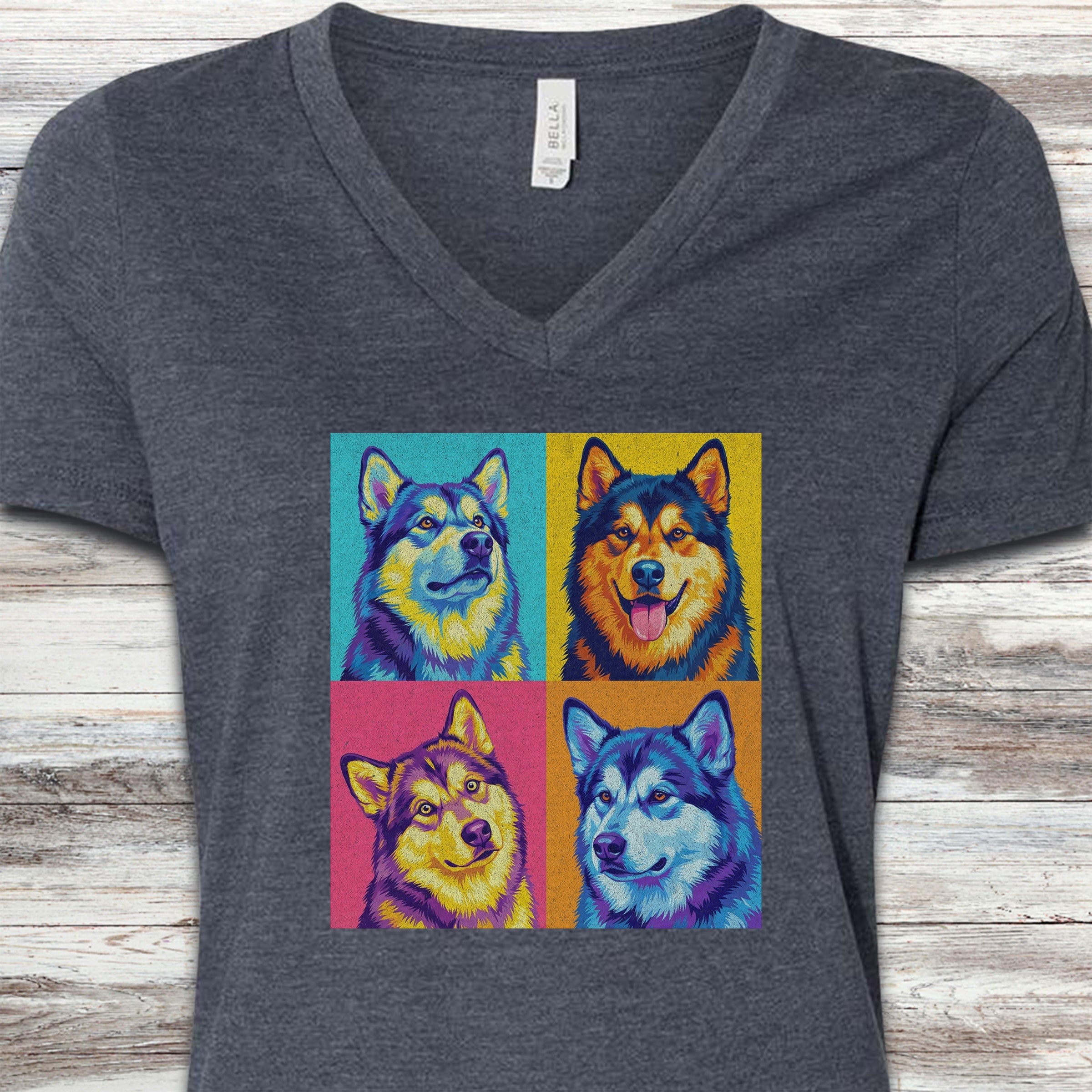 Pop Art Malamute V-Neck Tee - Heather Navy