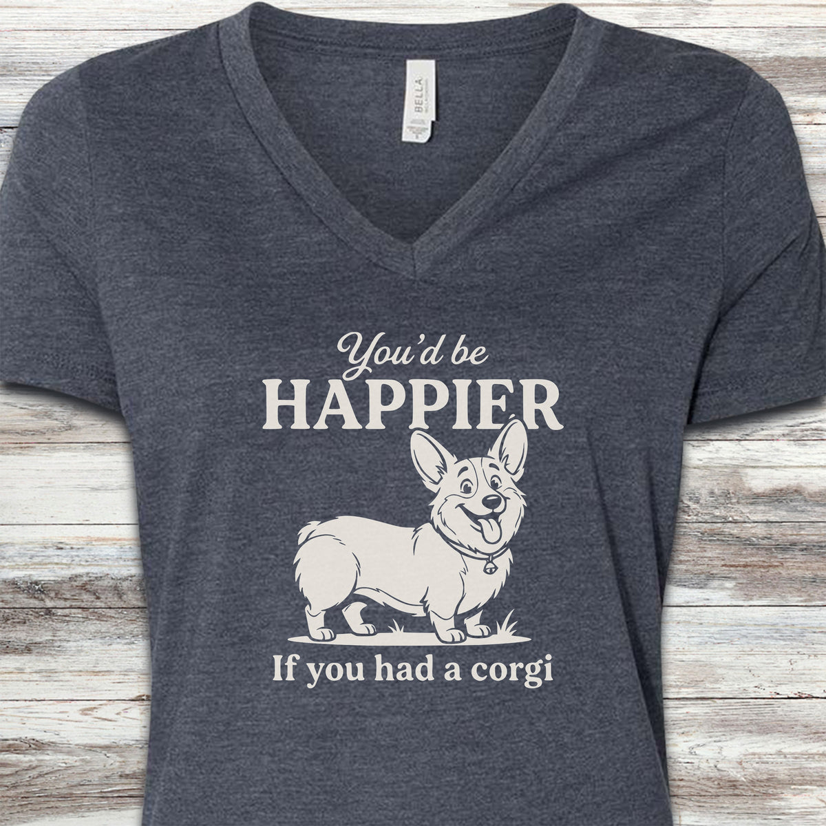 Corgi Happier V-Neck Tee - Heather Navy