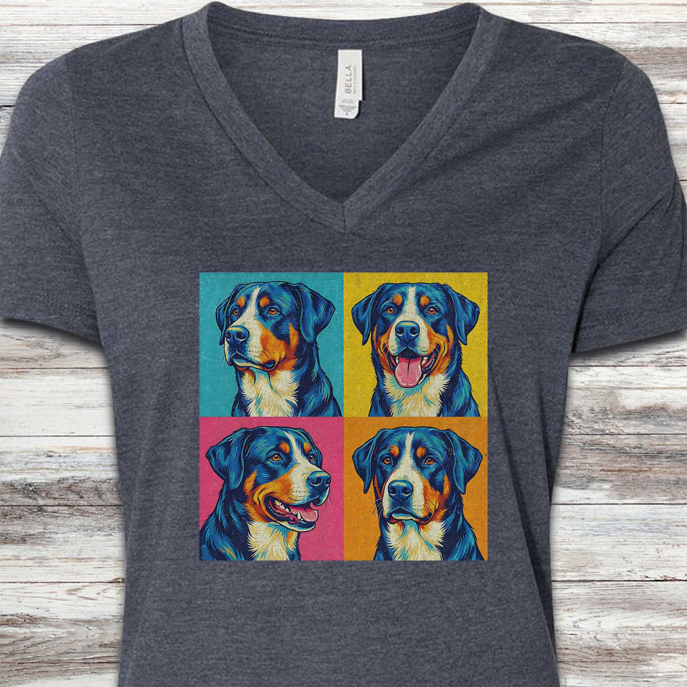 Swiss Mountain Dog Pop Art V-Neck Tee - Heather Navy