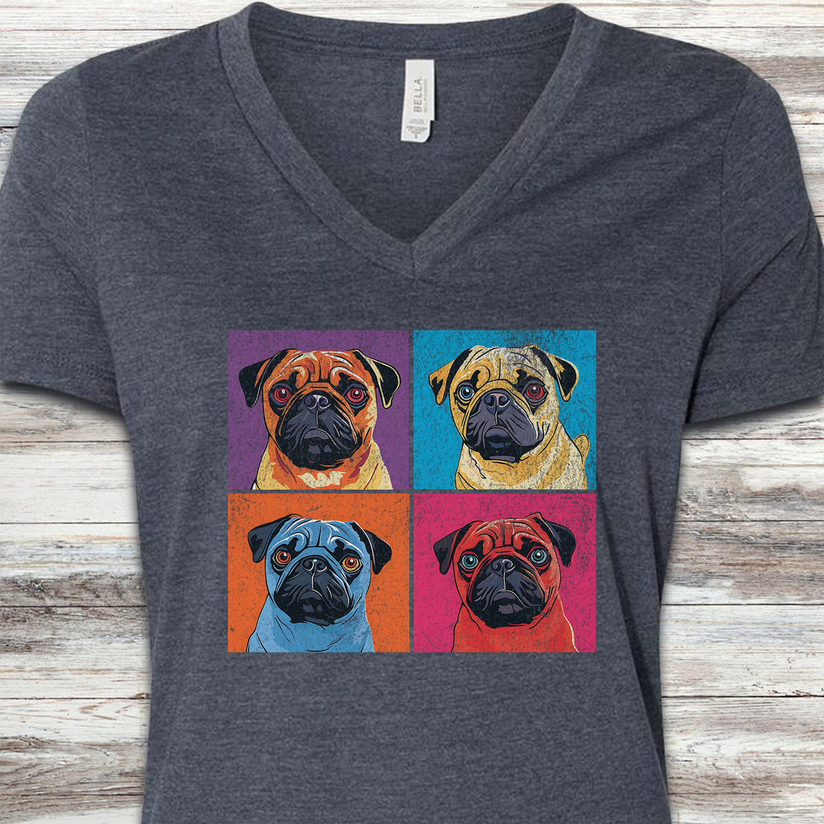 Pug Pop Art V-Neck Tee - Heather Navy