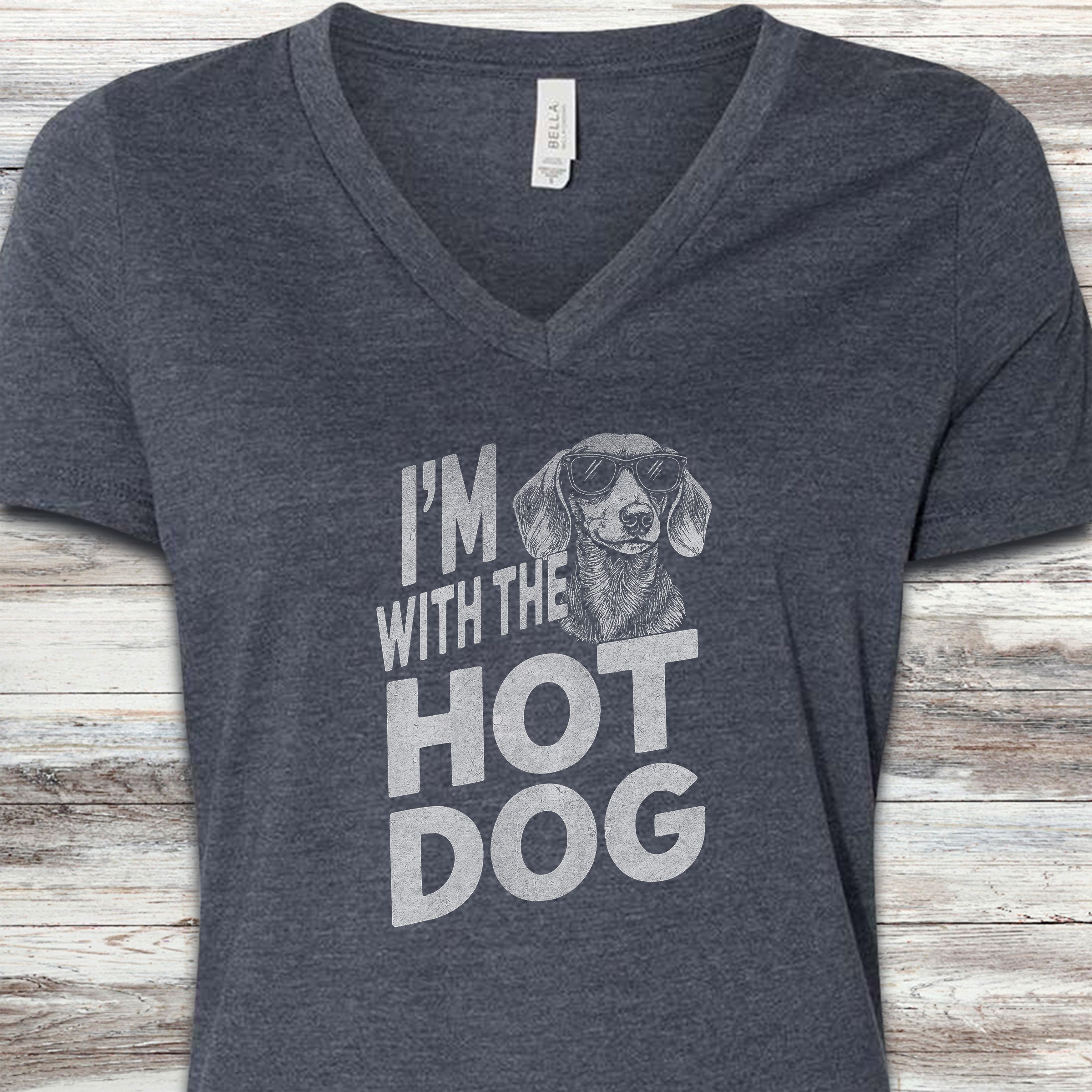 Dachshund Hot Dog V-Neck Tee - Heather Navy