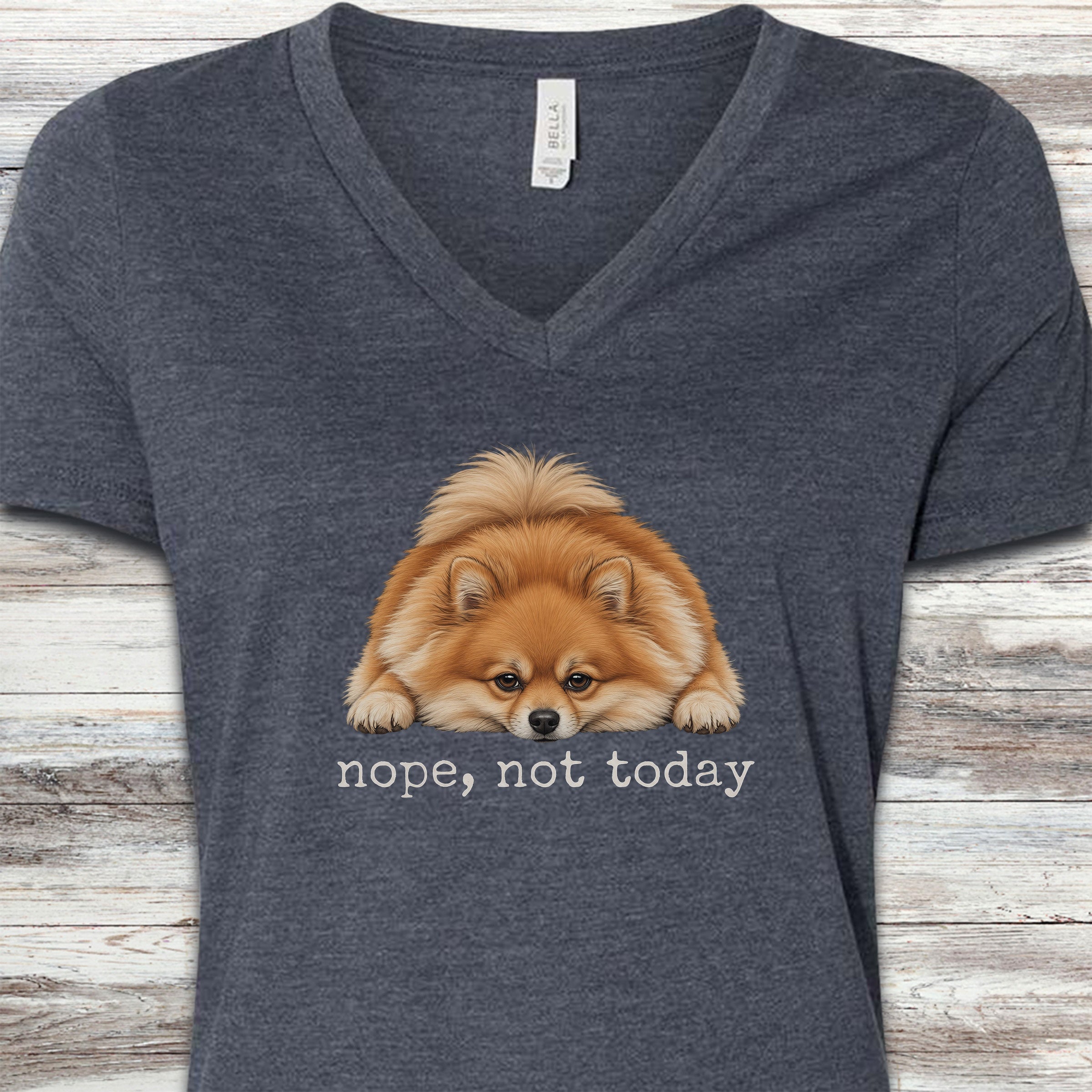Pomeranian Nope V-Neck Tee - Heather Navy