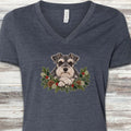 Schnauzer Winter Greenery Faux Embroidery V-Neck Tee - Heather Navy