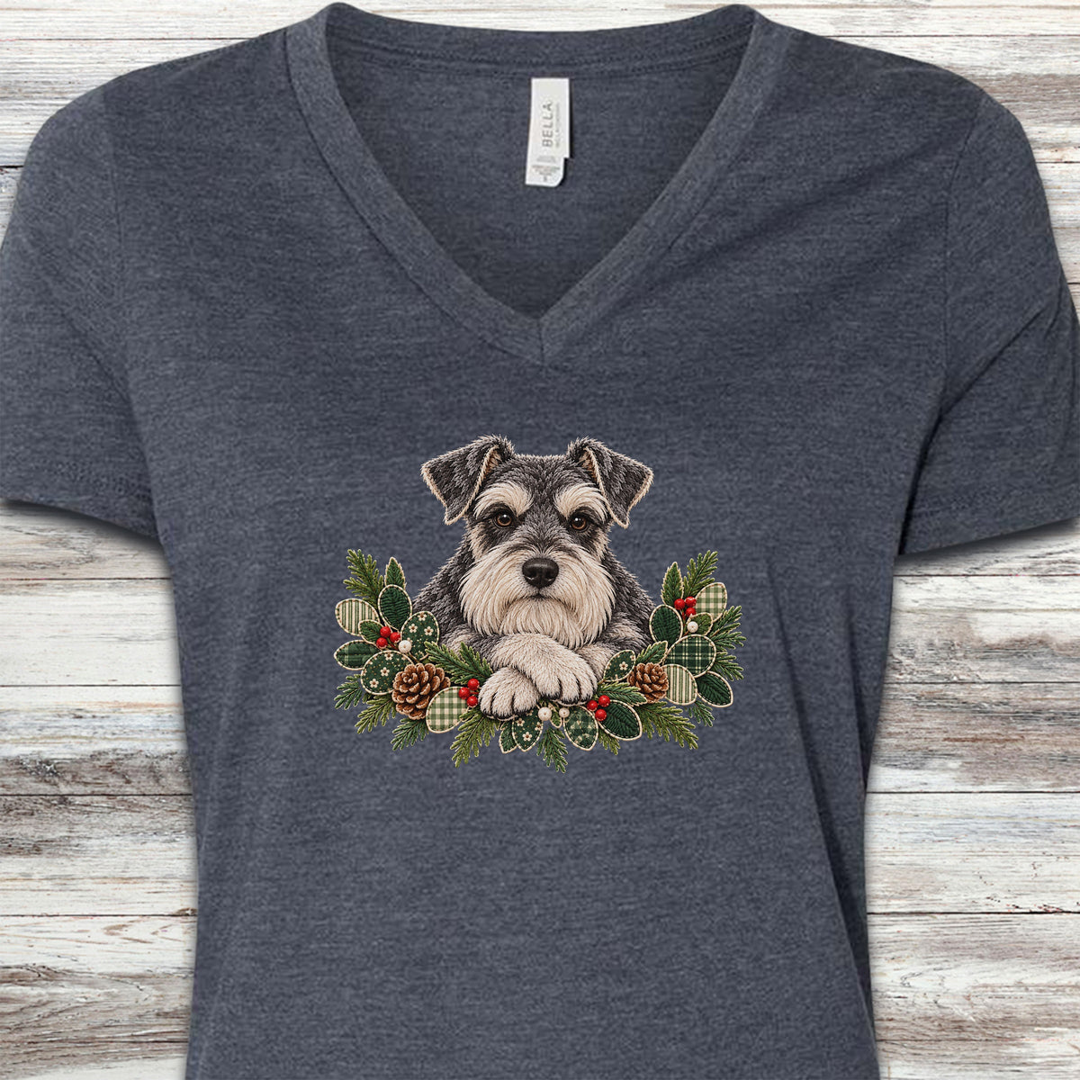 Schnauzer Winter Greenery Faux Embroidery V-Neck Tee - Heather Navy