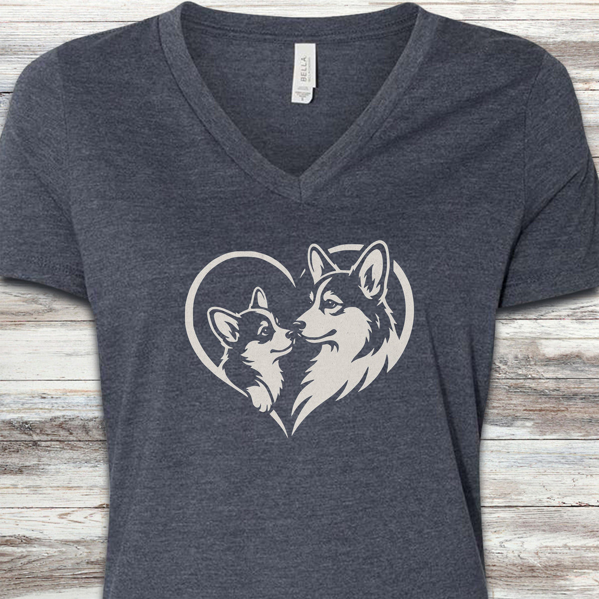Corgi Heart Bond V-Neck Tee - Heather Navy