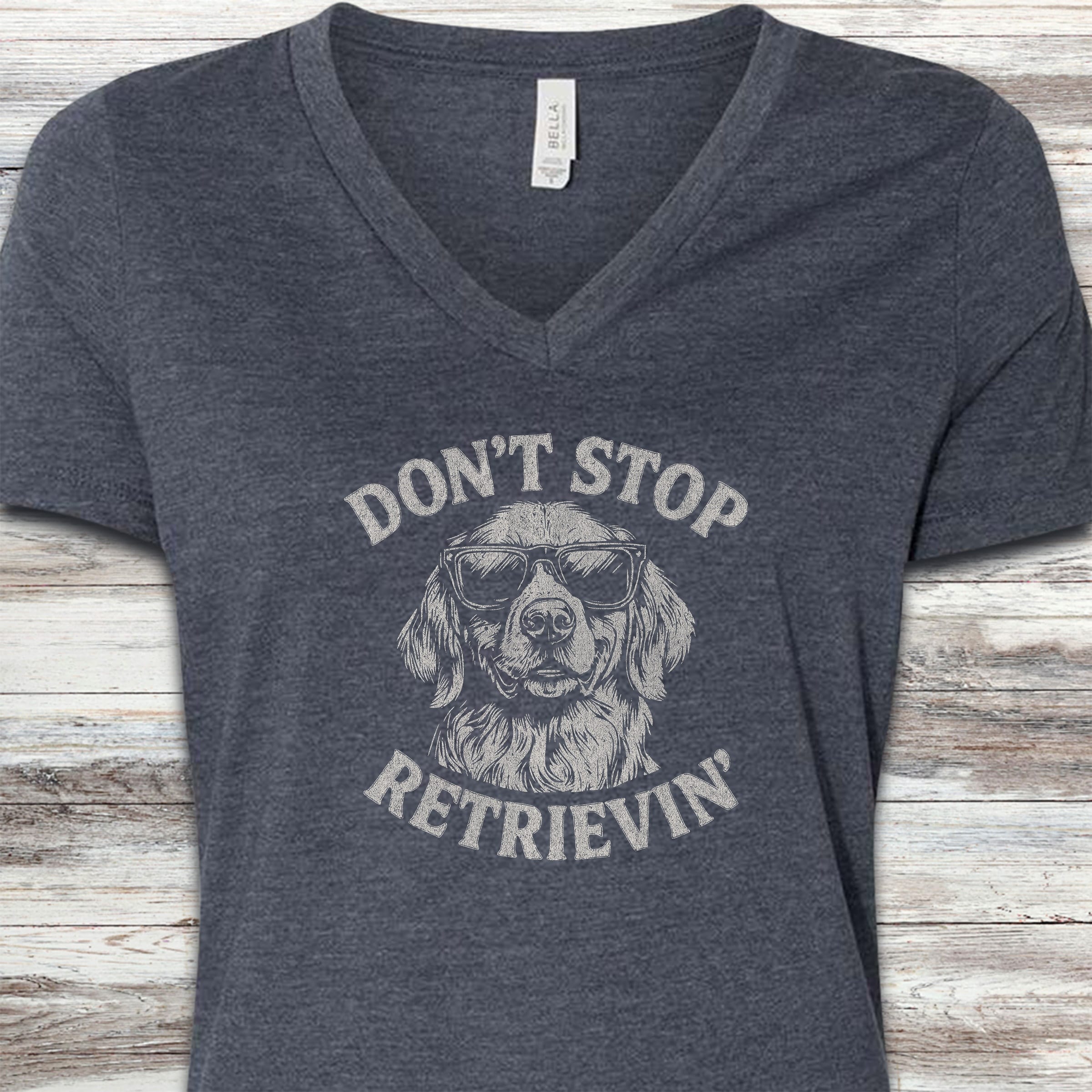 Golden Retriever Don't Stop V-Neck Tee - Heather Navy