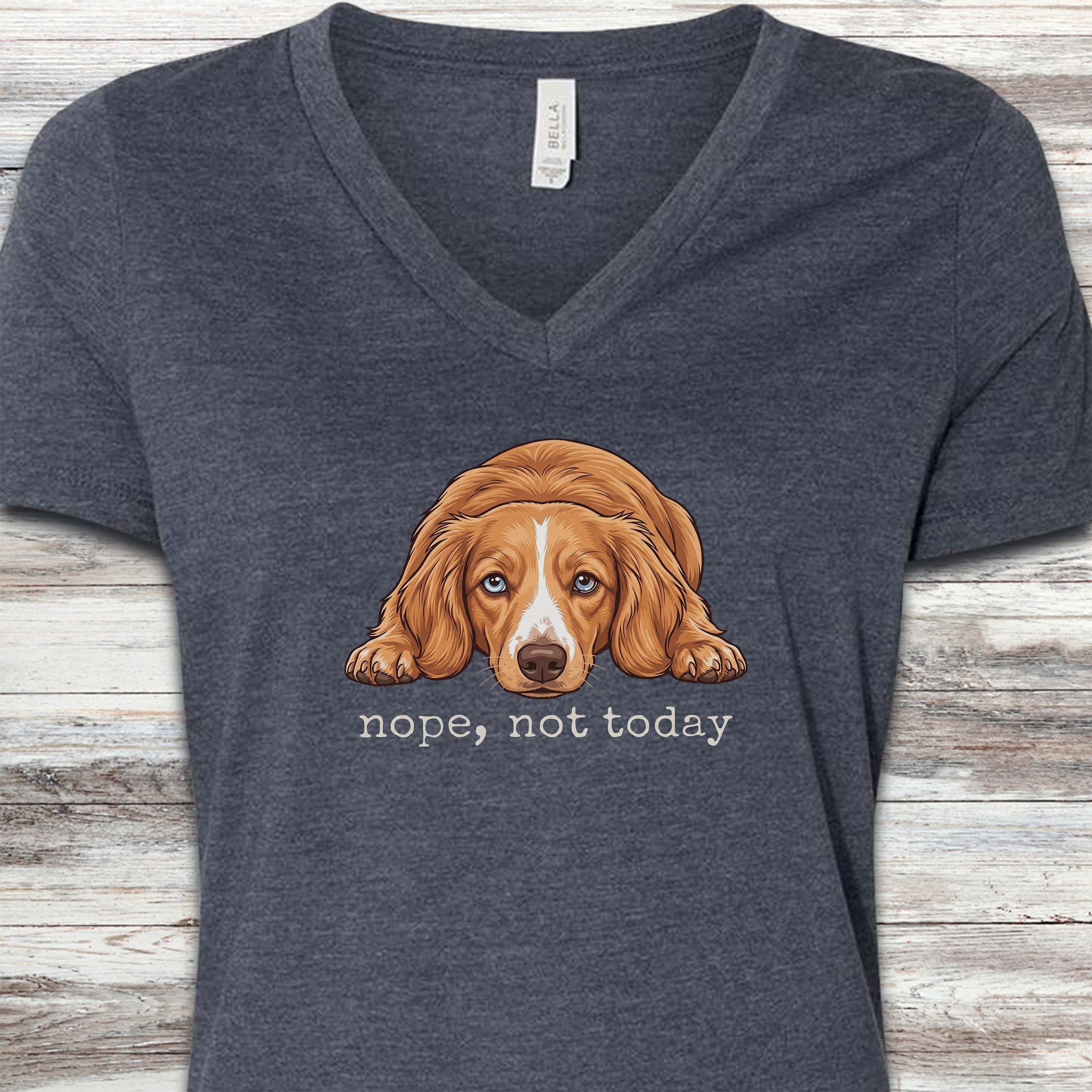 Dachshund Long Hair Red Piebald Nope V-Neck Tee - Heather Navy