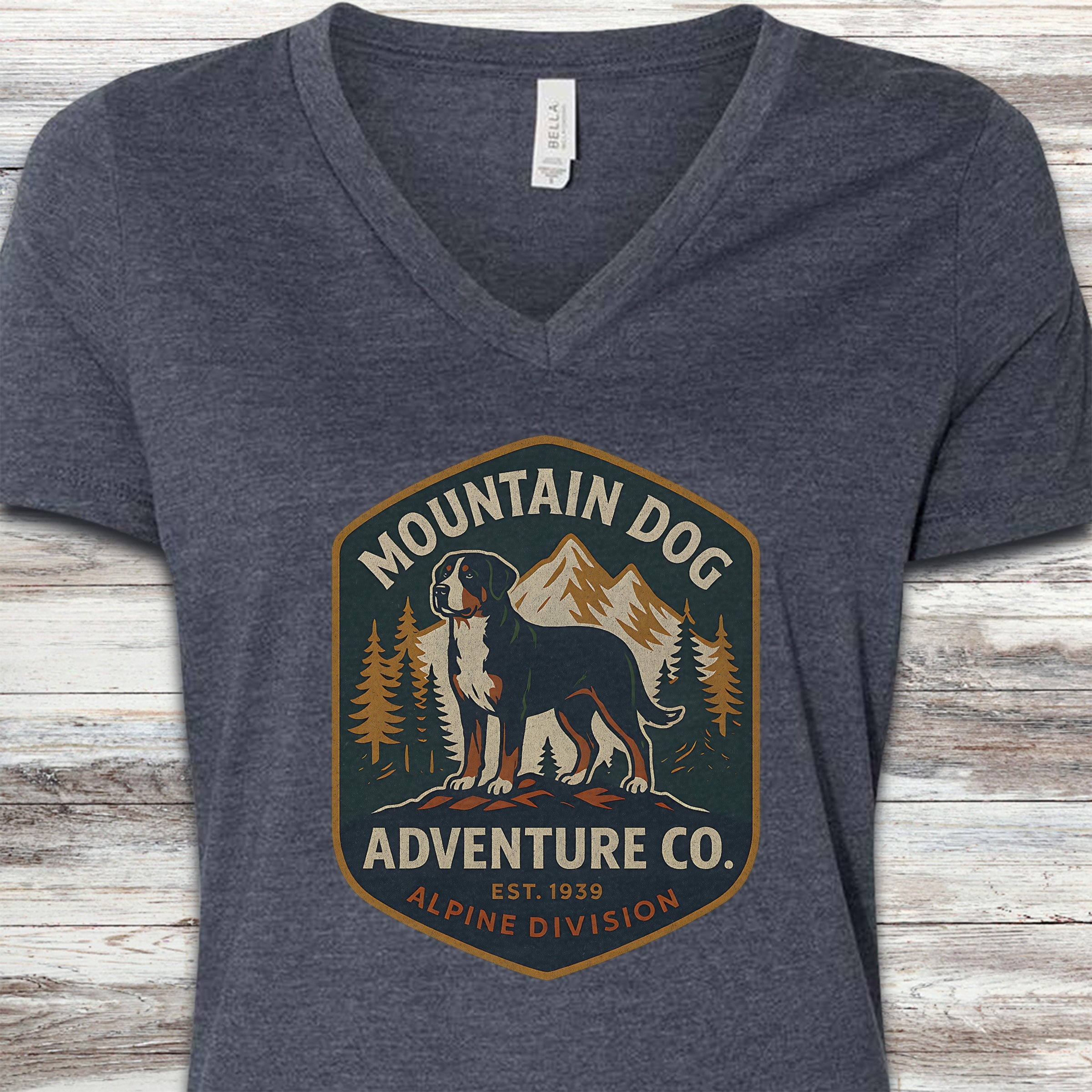 Swiss Mountain Dog Adventure Co V-Neck Tee - Heather Navy