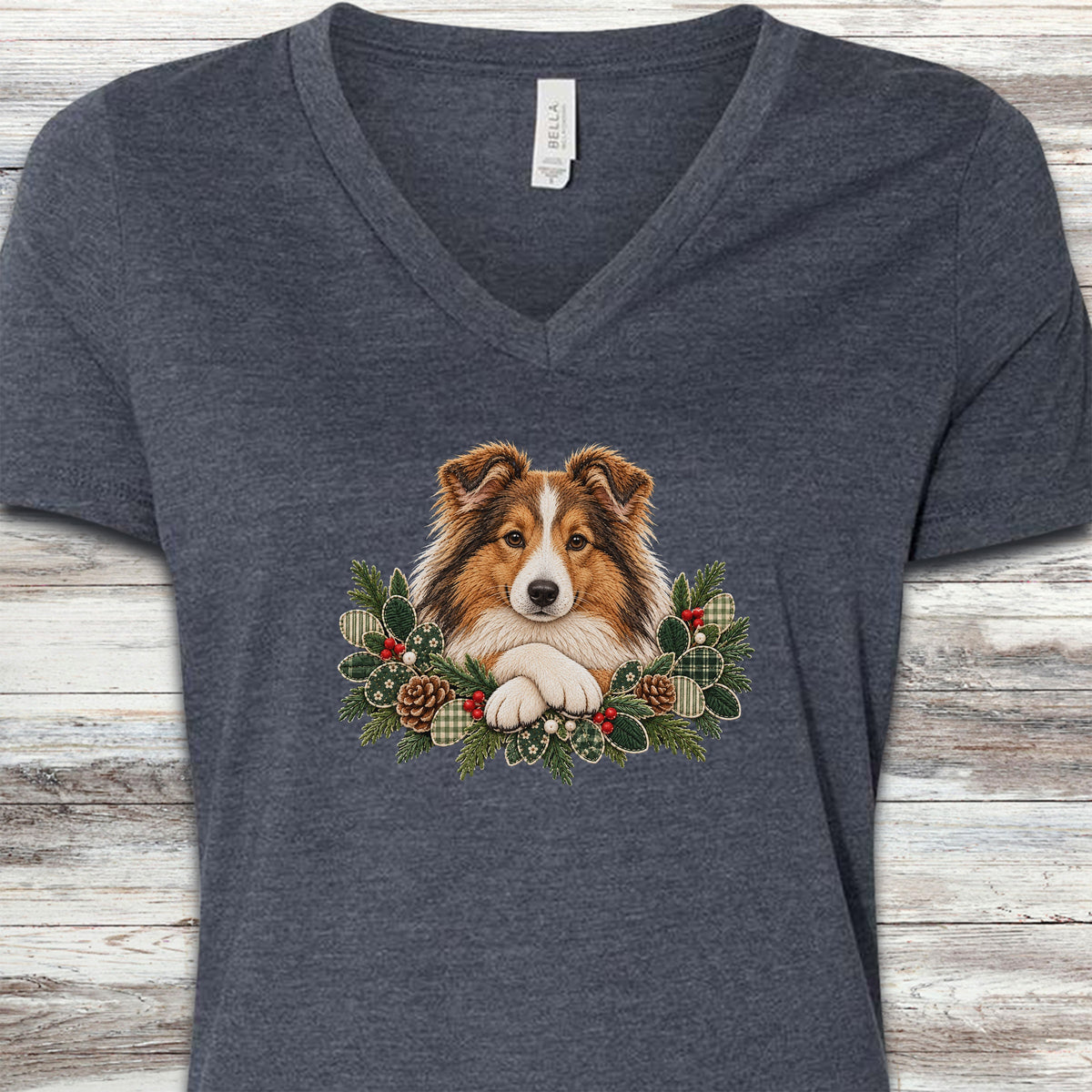 Shetland Sheepdog Winter Greenery Faux Embroidery V-Neck Tee - Heather Navy