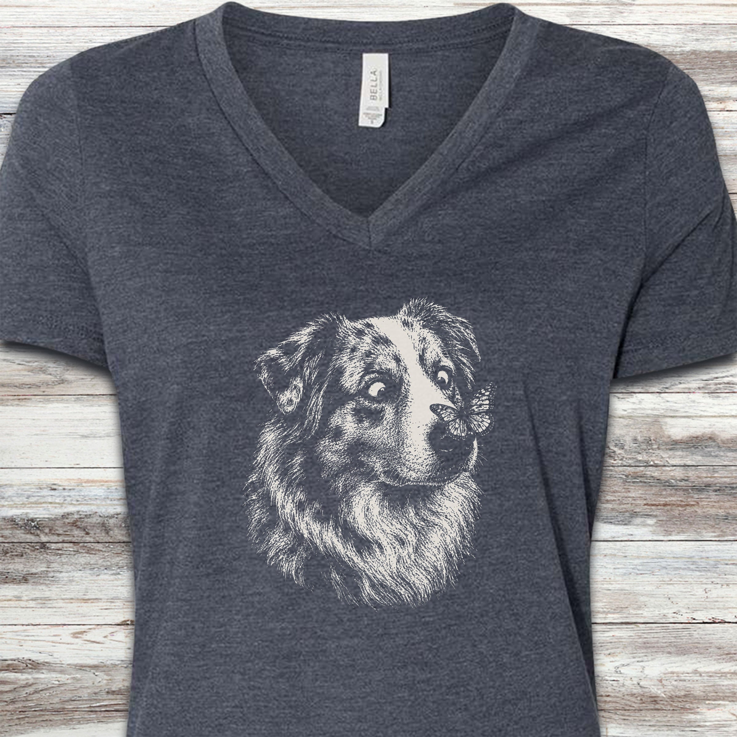 Australian Shepherd Butterfly V-Neck Tee - Heather Navy