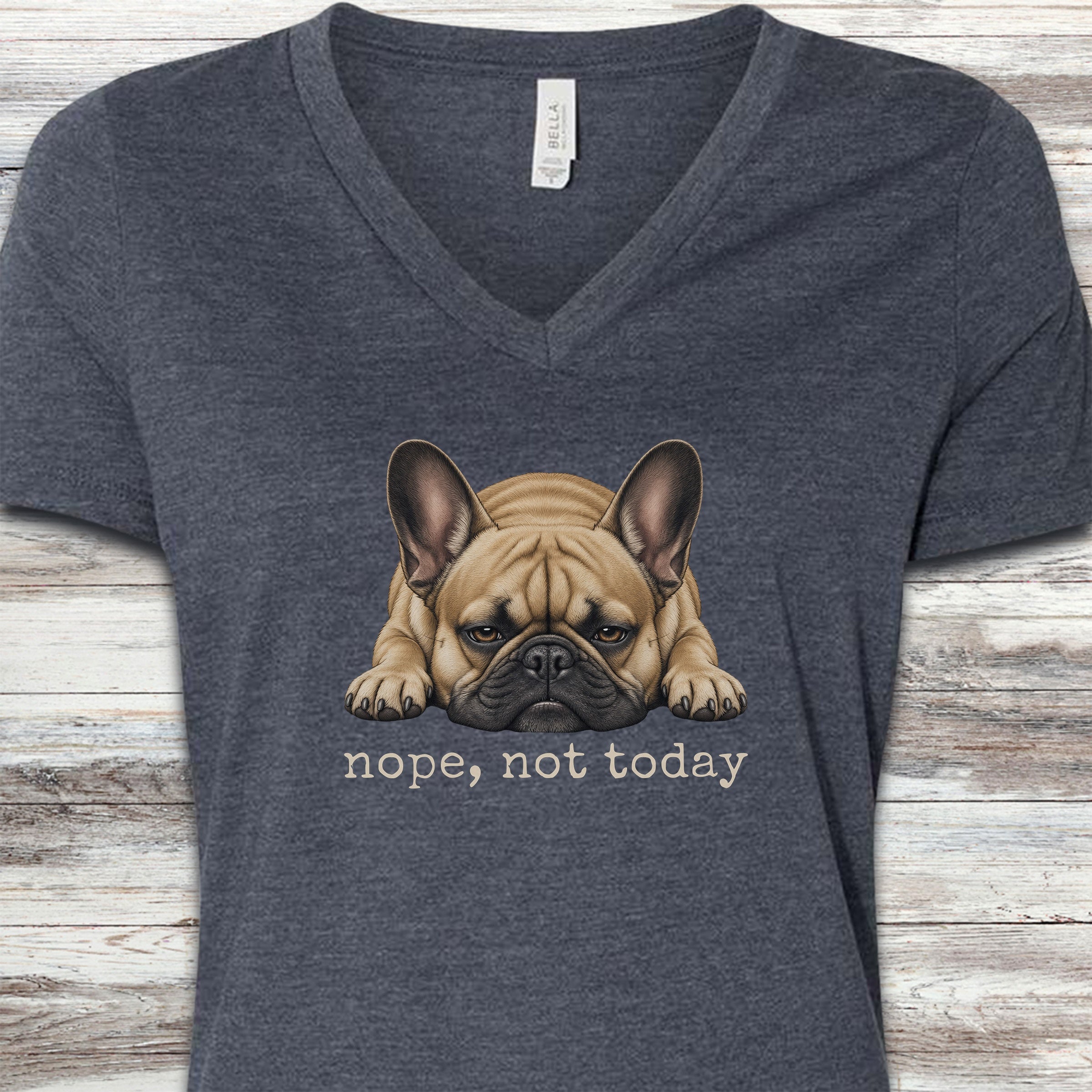 French Bulldog Nope V-Neck Tee - Heather Navy