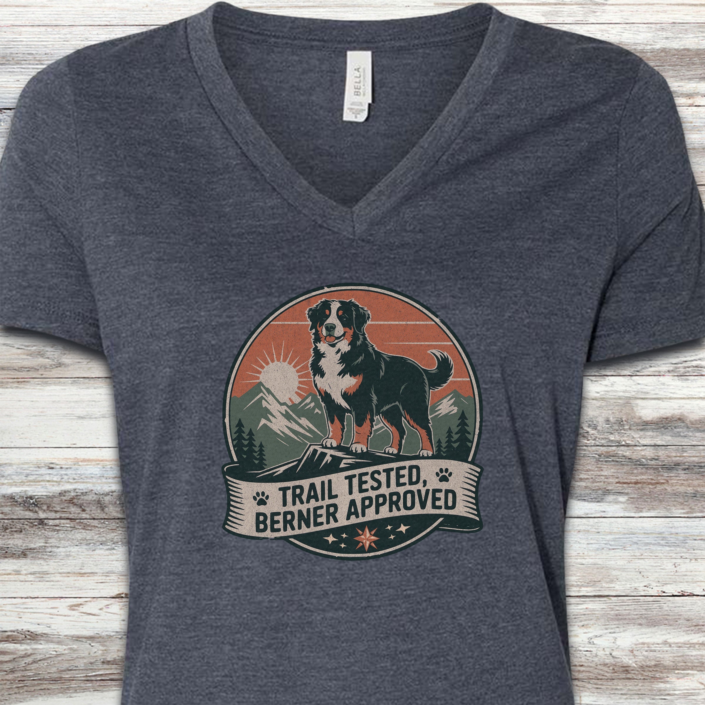 Bernese Mountain Dog Tested V-Neck Tee - Heather Navy