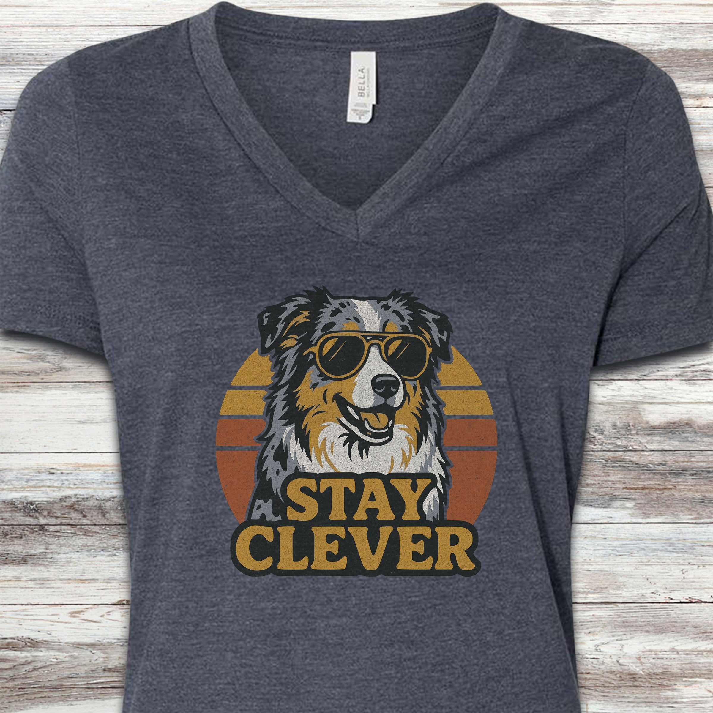 Australian Shepherd Stay Clever V-Neck Tee - Heather Navy