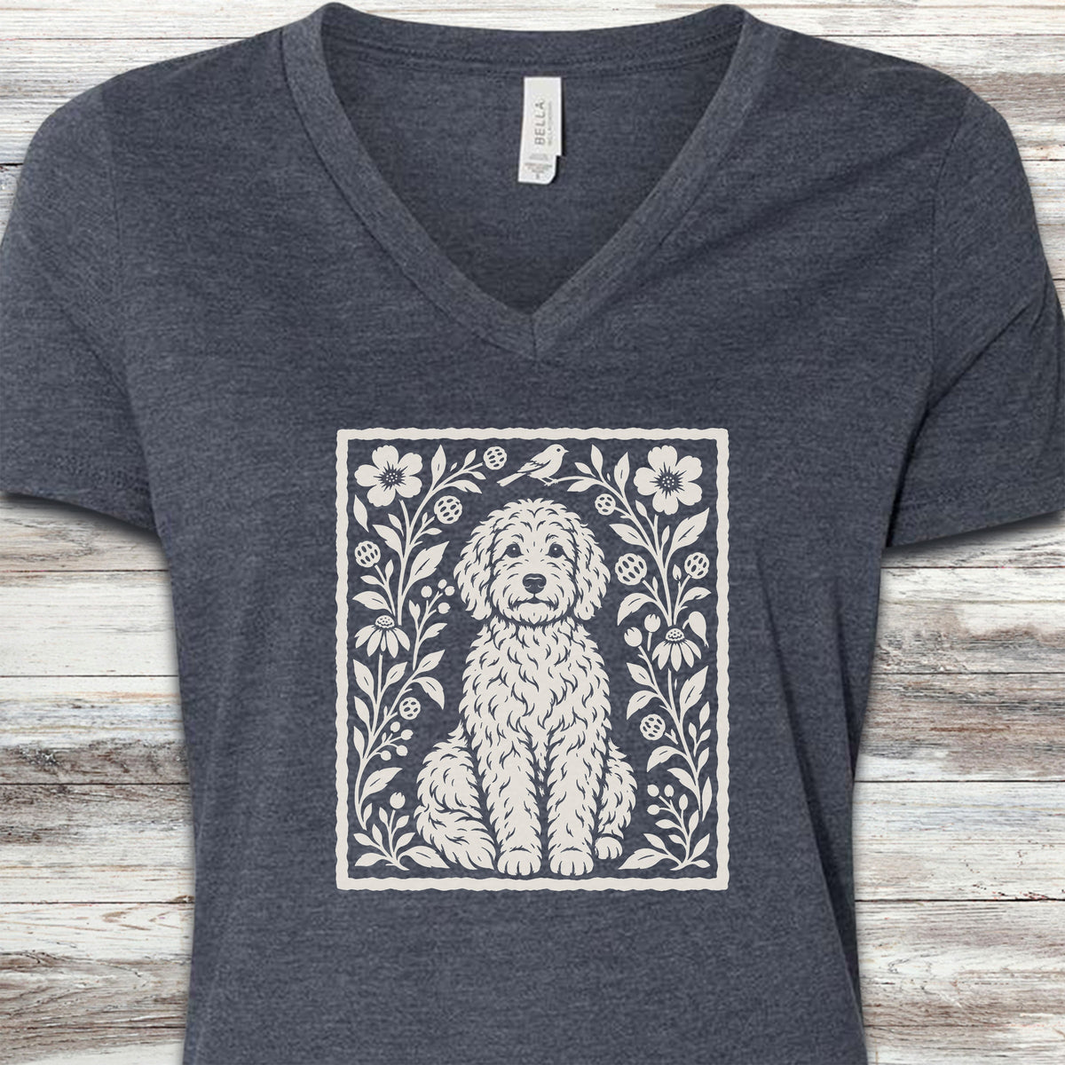 Doodle Folk Art Floral V-Neck Tee - Heather Navy