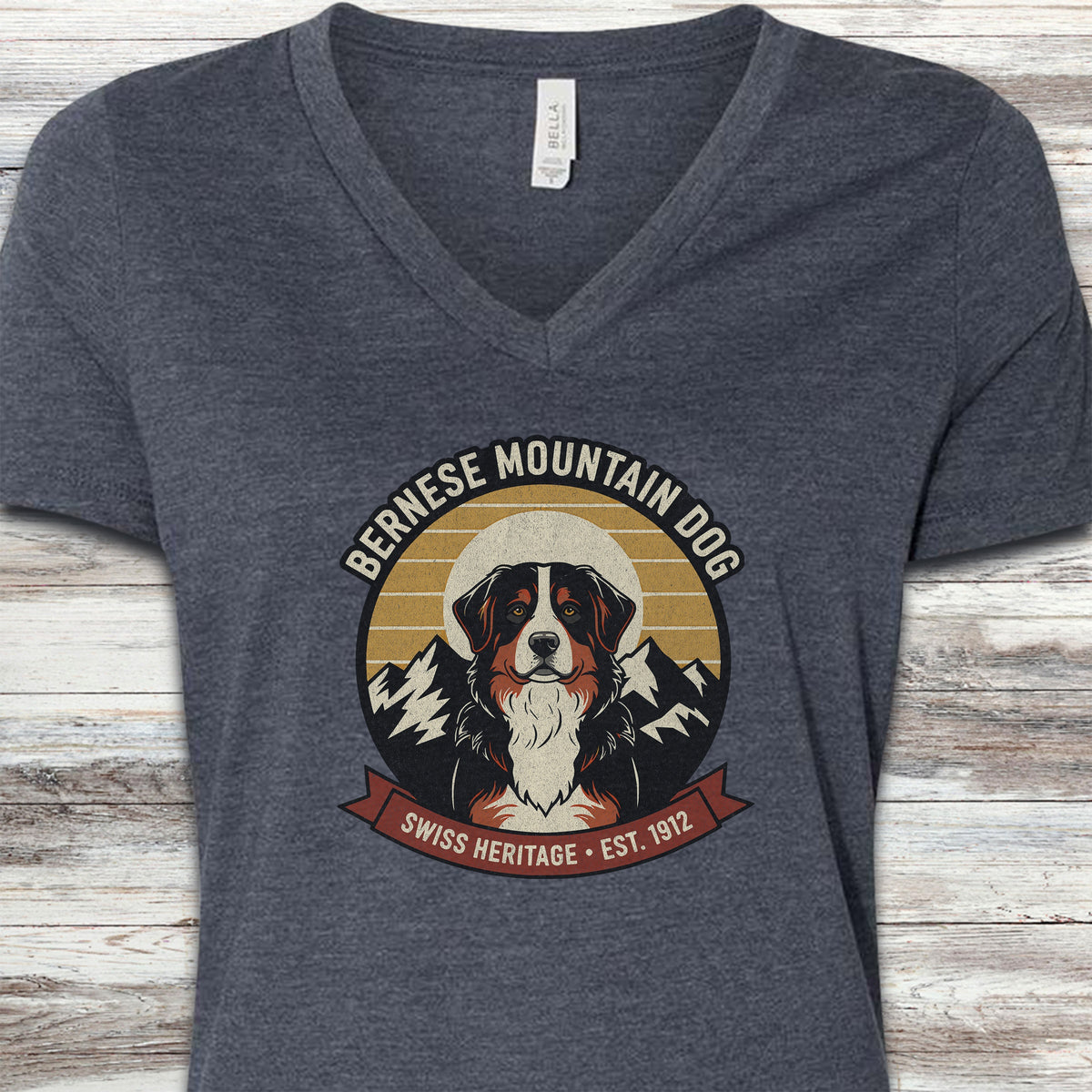 Bernese Mountain Dog Heritage V-Neck Tee - Heather Navy