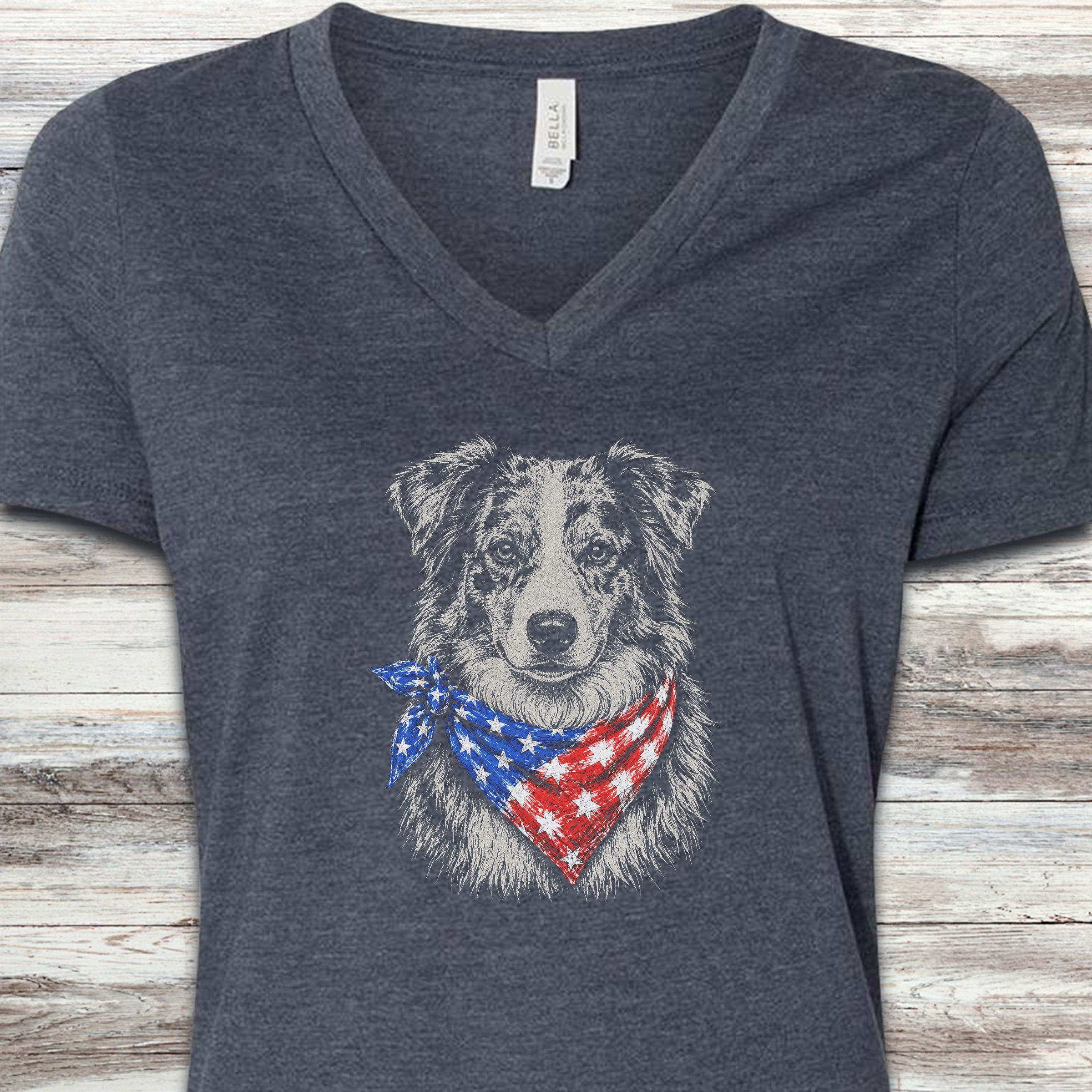Australian Shepherd Merle Patriot V-Neck Tee - Heather Navy