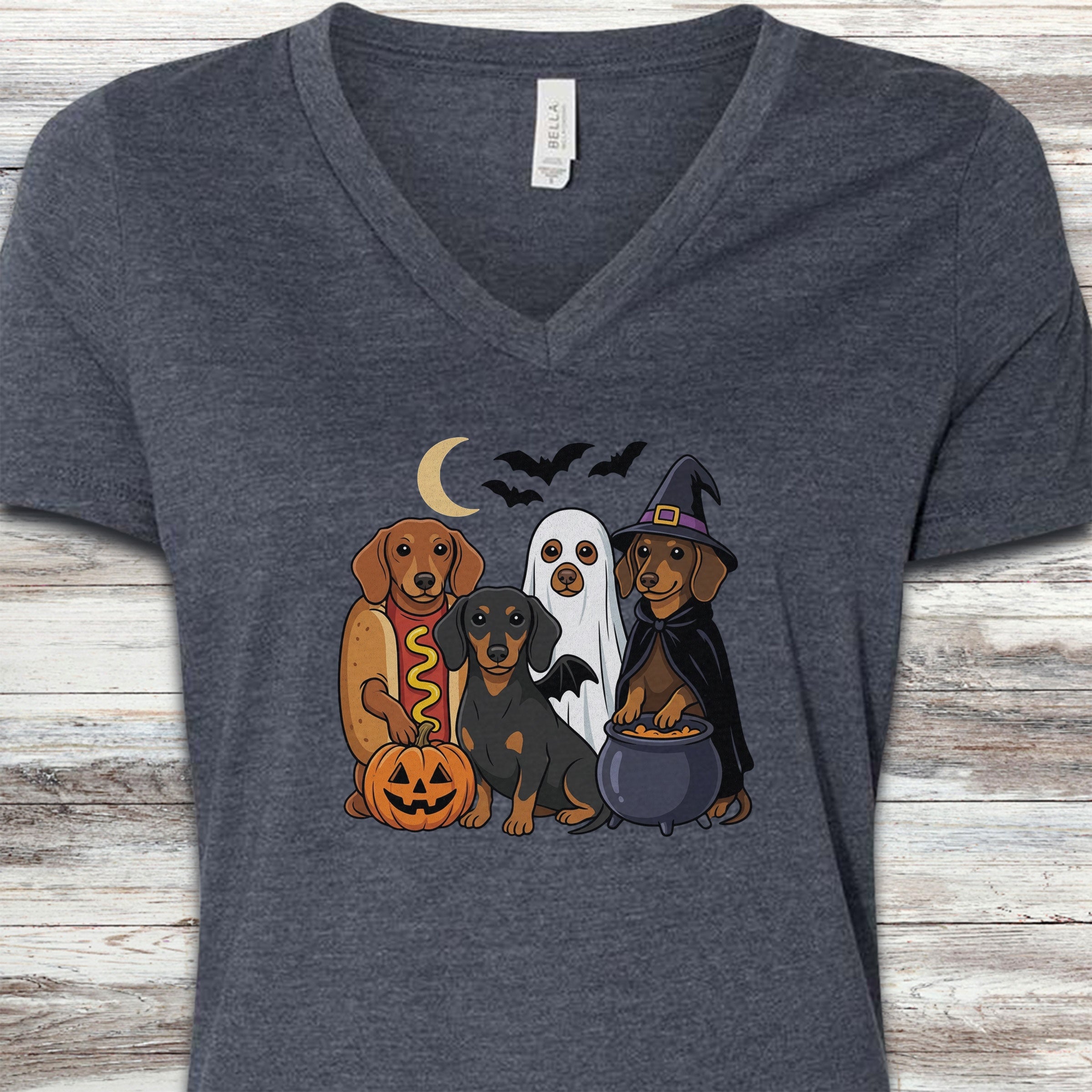 Dachshund Halloween V-Neck Tee - Heather Navy